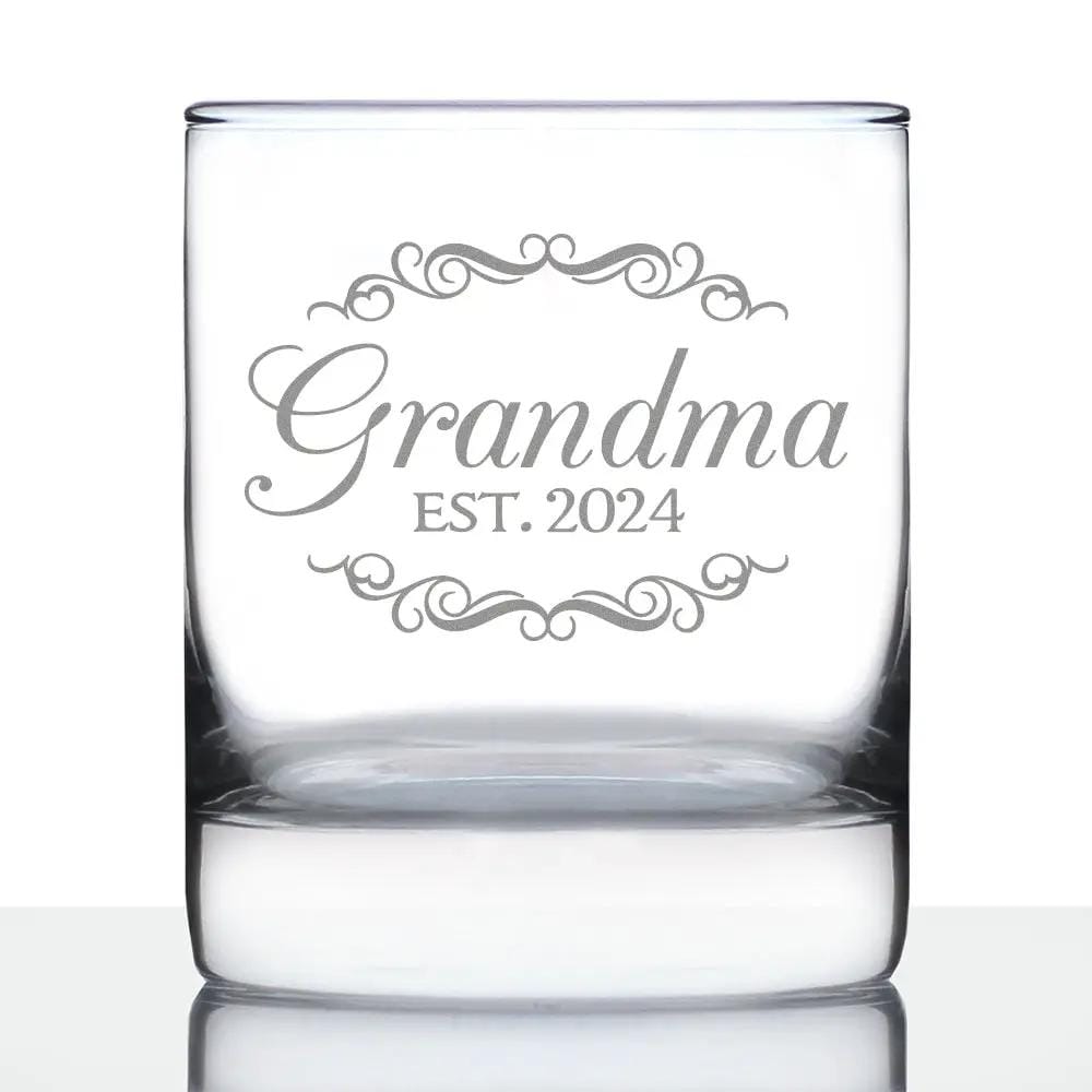 Etched Rocks Glass | 10.25 oz Whiskey Glass | Dishwasher Safe | Grandma Est 2024 - New Grandmother