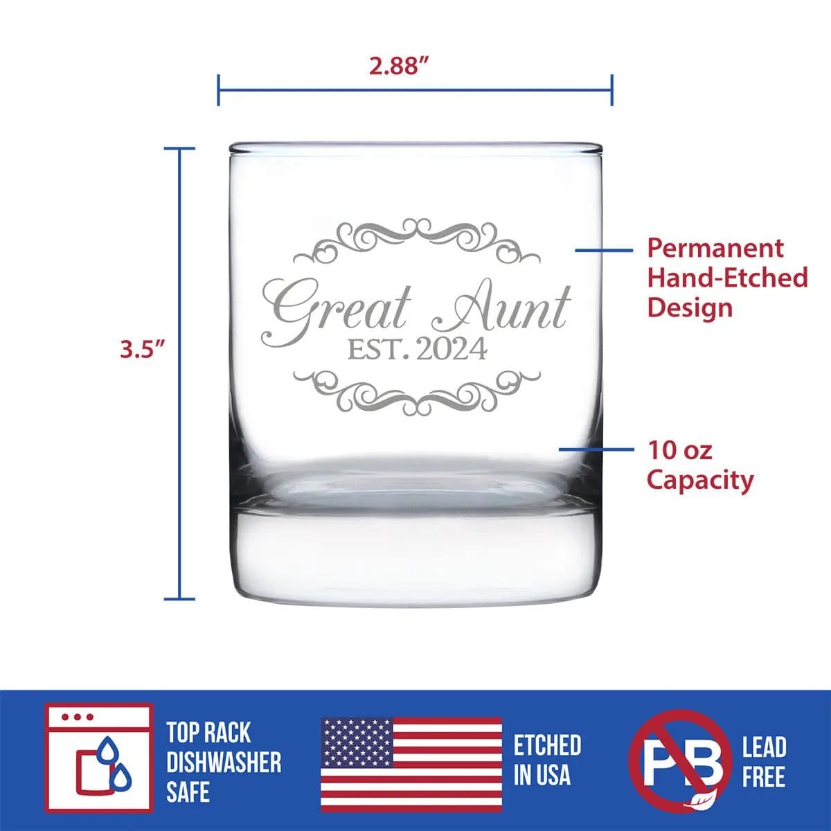 Etched Rocks Glass | 10.25 oz Whiskey Glass | Dishwasher Safe | Great Aunt Est 2024 - New Great Aunts