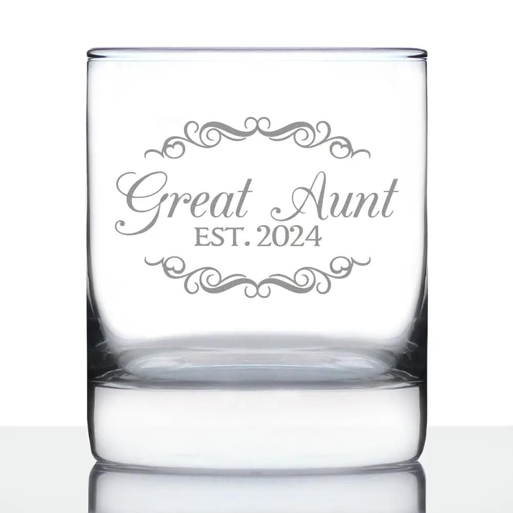 Etched Rocks Glass | 10.25 oz Whiskey Glass | Dishwasher Safe | Great Aunt Est 2024 - New Great Aunts