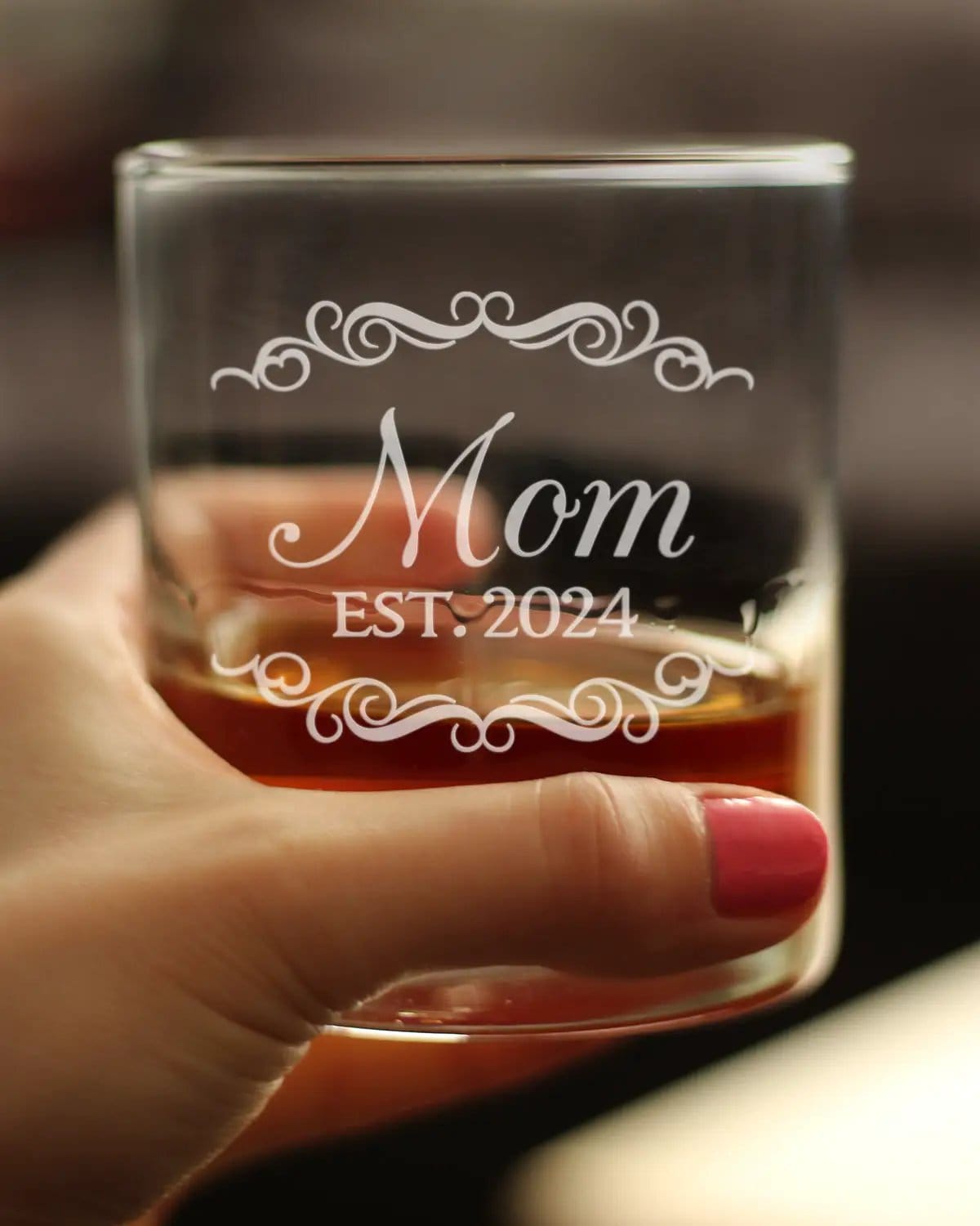 Etched Rocks Glass | 10.25 oz Whiskey Glass | Dishwasher Safe | Mom Est 2024 - New Mother (Style 2)