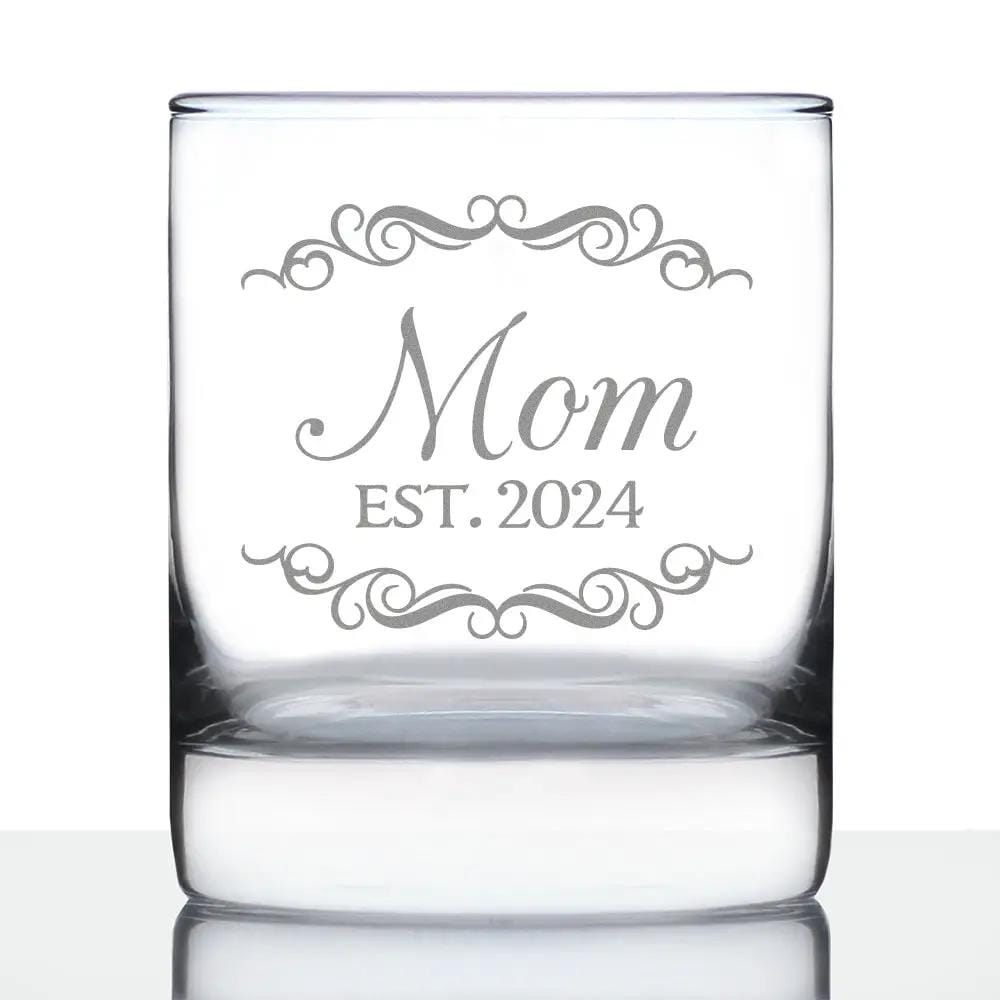 Etched Rocks Glass | 10.25 oz Whiskey Glass | Dishwasher Safe | Mom Est 2024 - New Mother (Style 2)