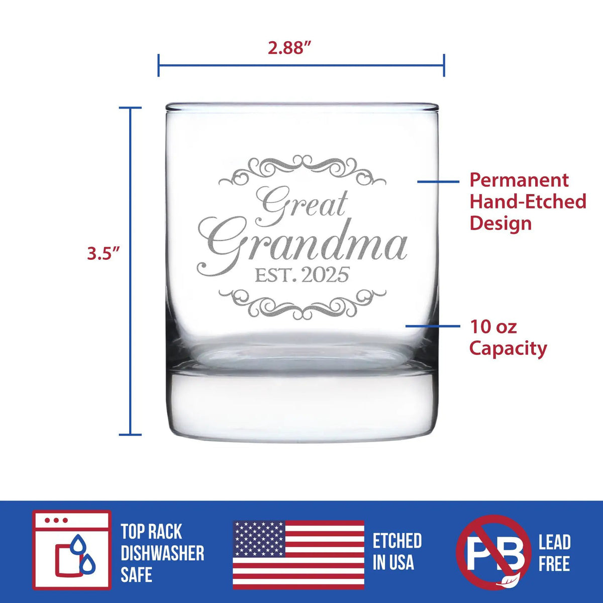 Whiskey Rocks Glass | Hand Etched Great Grandma | 10 Oz Glass