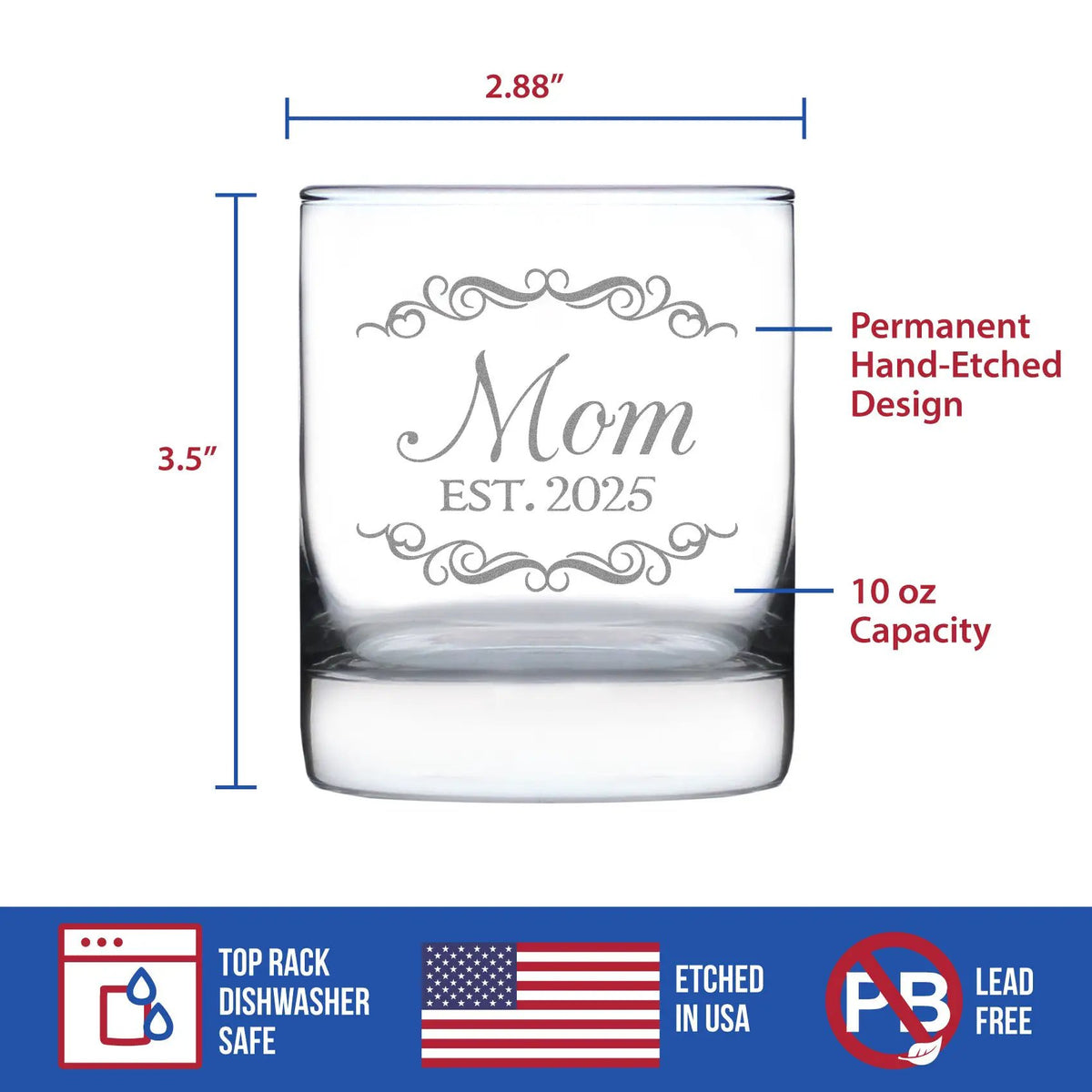 Whiskey Rocks Glass | Hand Etched | 10 Ounce Size | Mom Est 2025 Design
