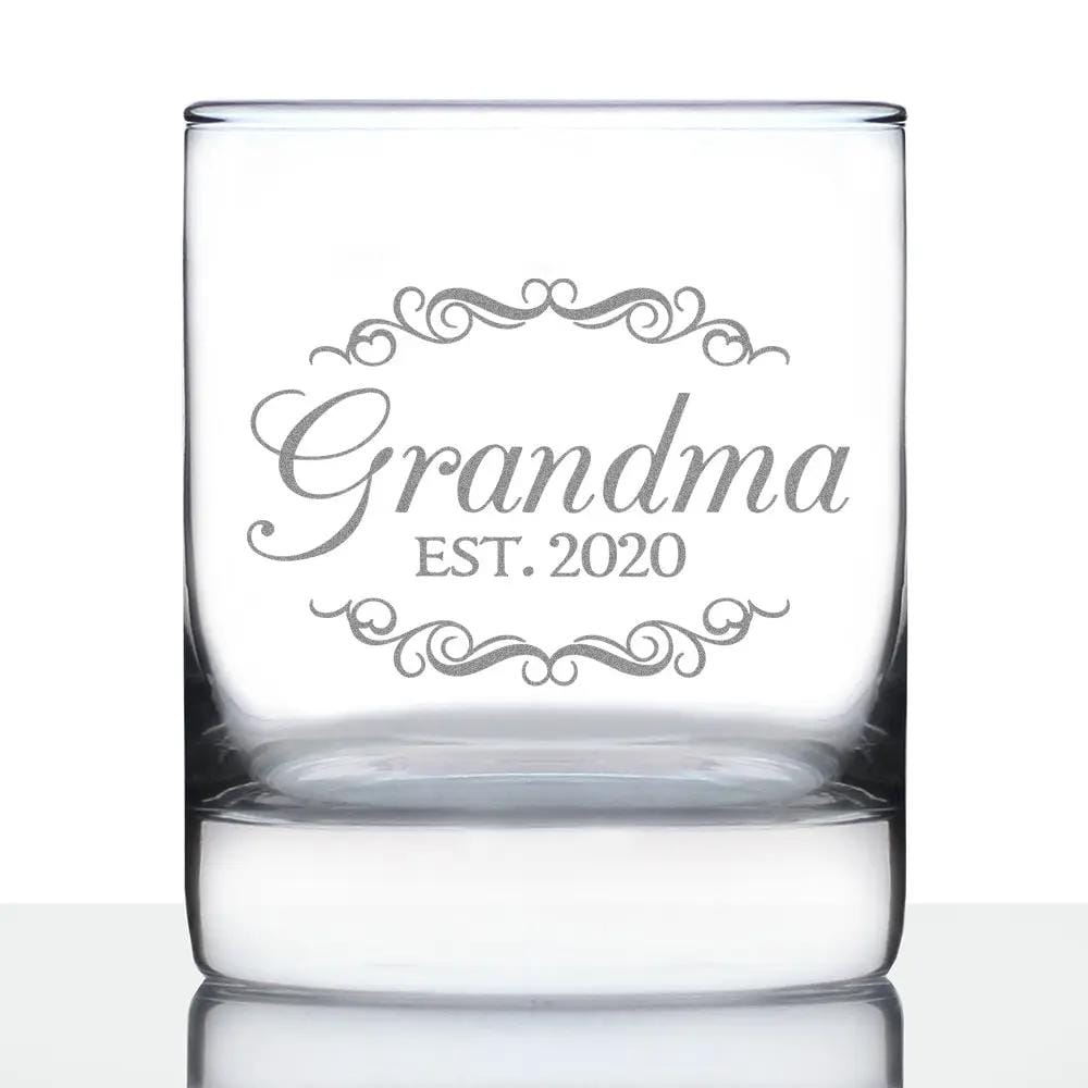 Etched Rocks Glass | 10 oz Whiskey Glass | Dishwasher Safe | Grandma Est. 2020
