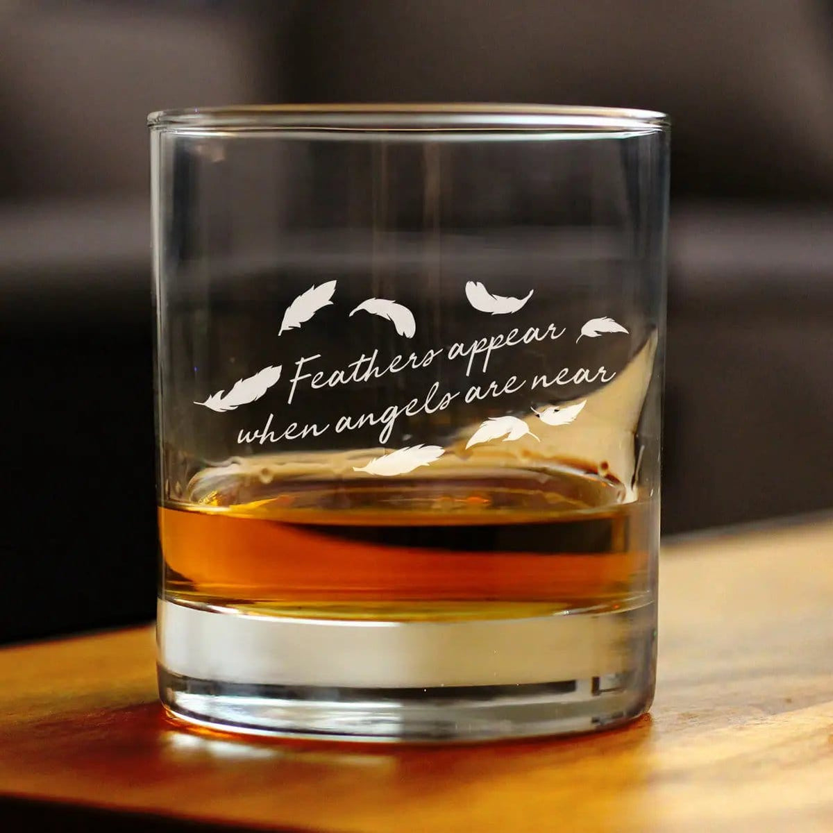 Etched Rocks Glass | 10.25 oz Whiskey Glass | Dishwasher Safe | Feathers Appear when Angels are Near