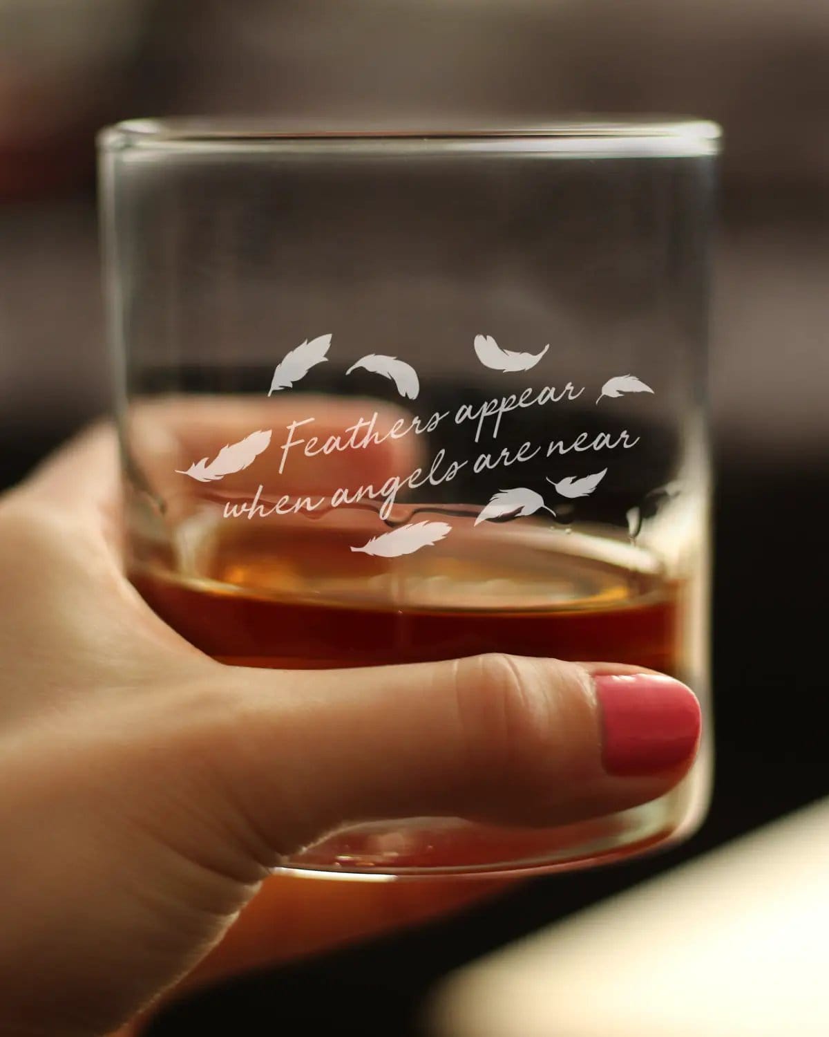 Etched Rocks Glass | 10.25 oz Whiskey Glass | Dishwasher Safe | Feathers Appear when Angels are Near