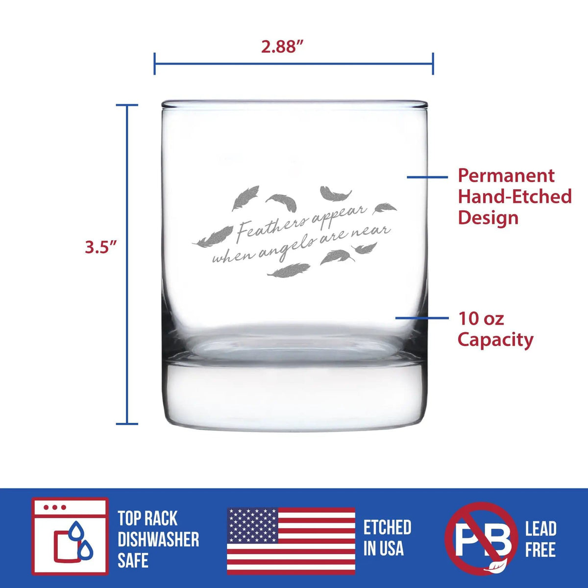 Etched Rocks Glass | 10.25 oz Whiskey Glass | Dishwasher Safe | Feathers Appear when Angels are Near