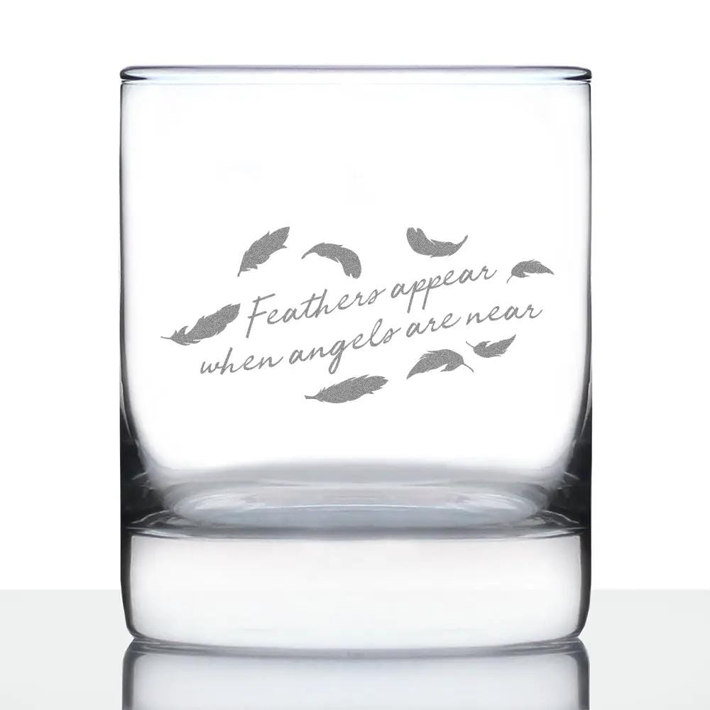 Etched Rocks Glass | 10.25 oz Whiskey Glass | Dishwasher Safe | Feathers Appear when Angels are Near
