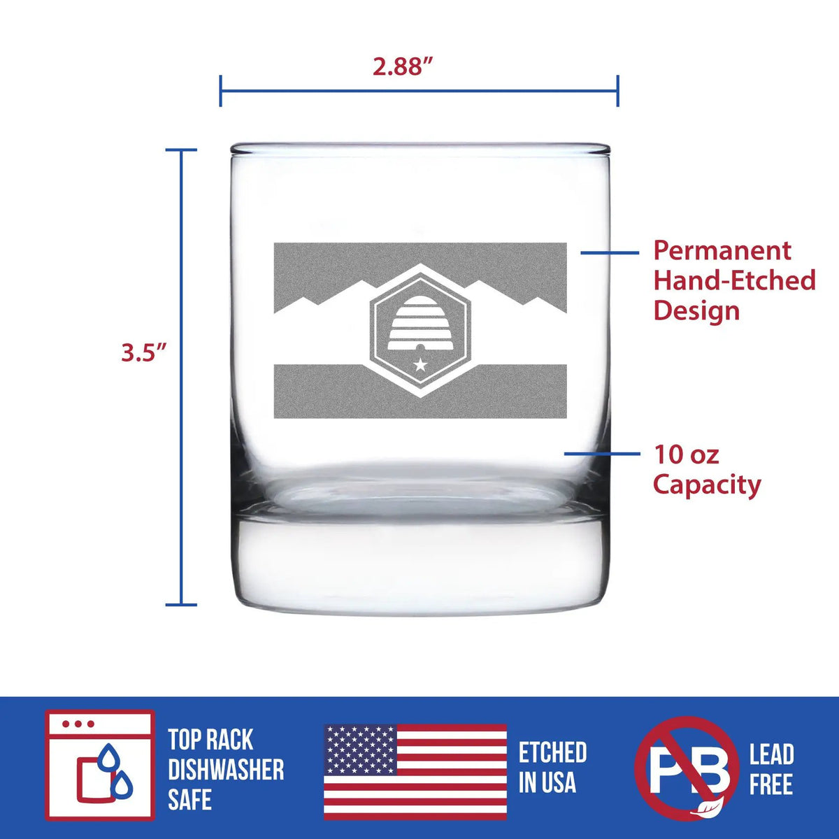 Whiskey Rocks Glass | 10 Ounce | Hand Etched | Utah Flag