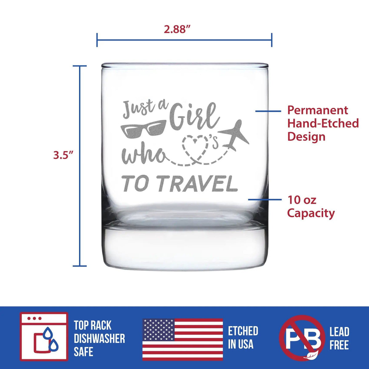 Etched Rocks Glass | 10.25 oz Whiskey Glass | Dishwasher Safe | Girl Who Loves To Travel