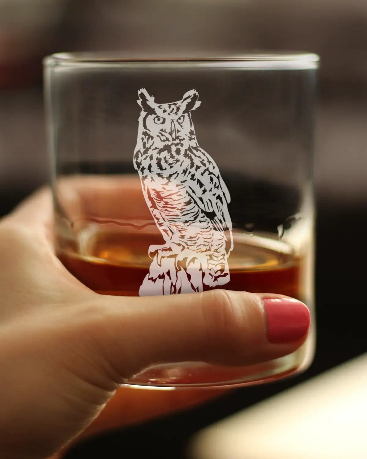 Etched Rocks Glass | 10.25 oz Whiskey Glass | Dishwasher Safe | Great Horned Owl Engraved