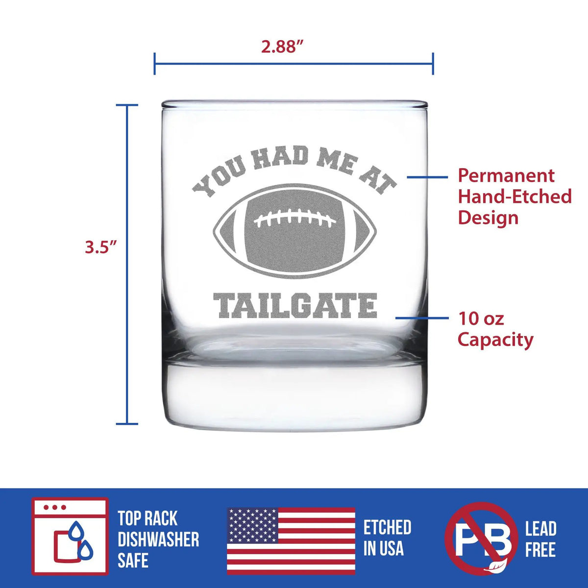 Whiskey Rocks Glass | Hand Etched Football Design | 10 Ounce