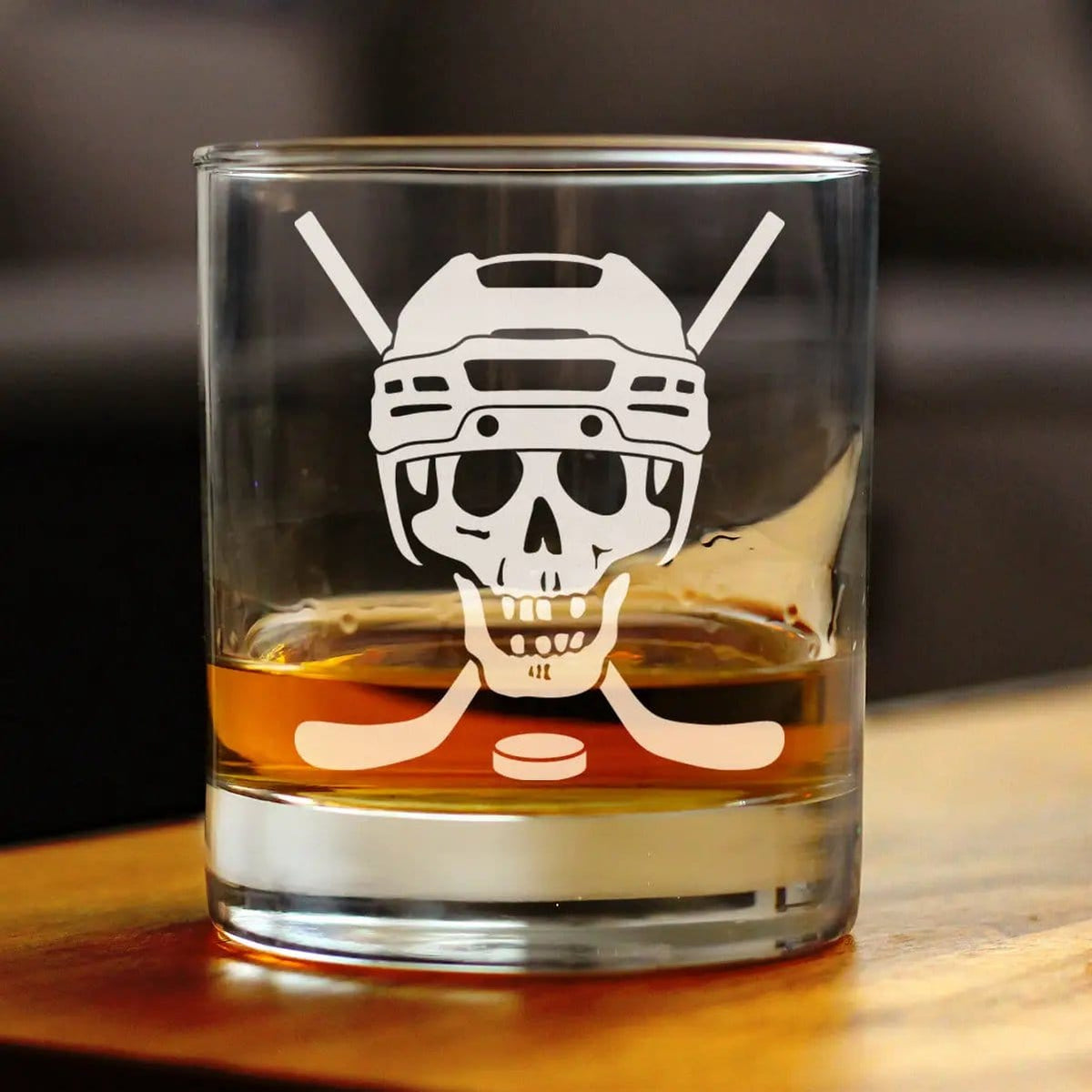 Etched Rocks Glass | 10.25 oz Whiskey Glass | Dishwasher Safe | Hockey Skull Engraved