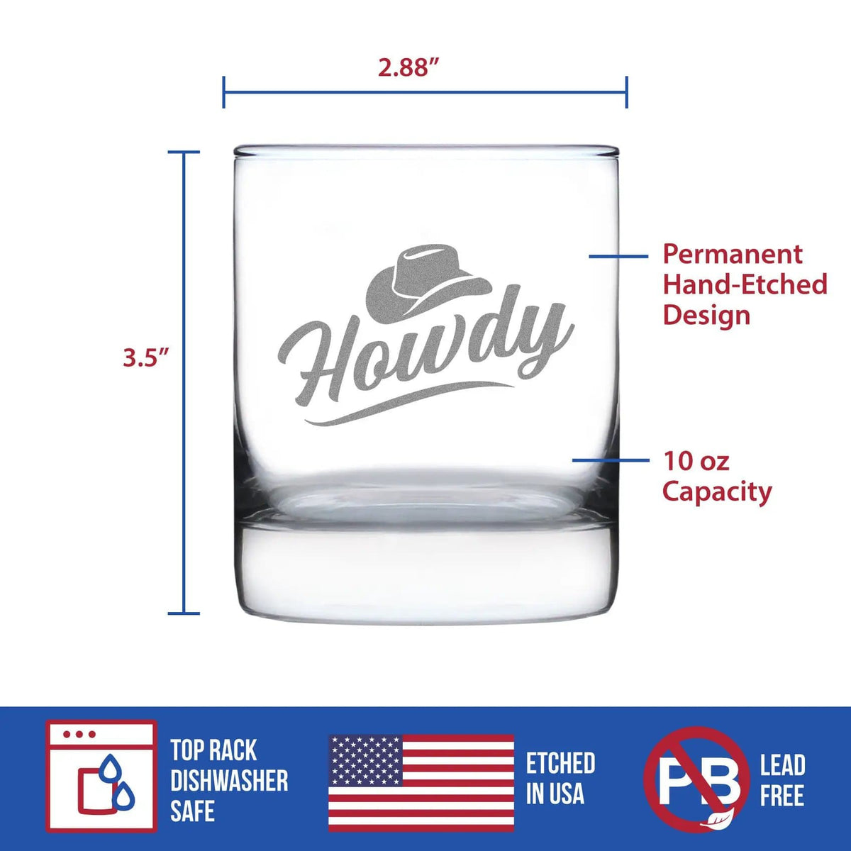 Etched Rocks Glass | 10.25 oz Whiskey Glass | Dishwasher Safe | Howdy Engraved
