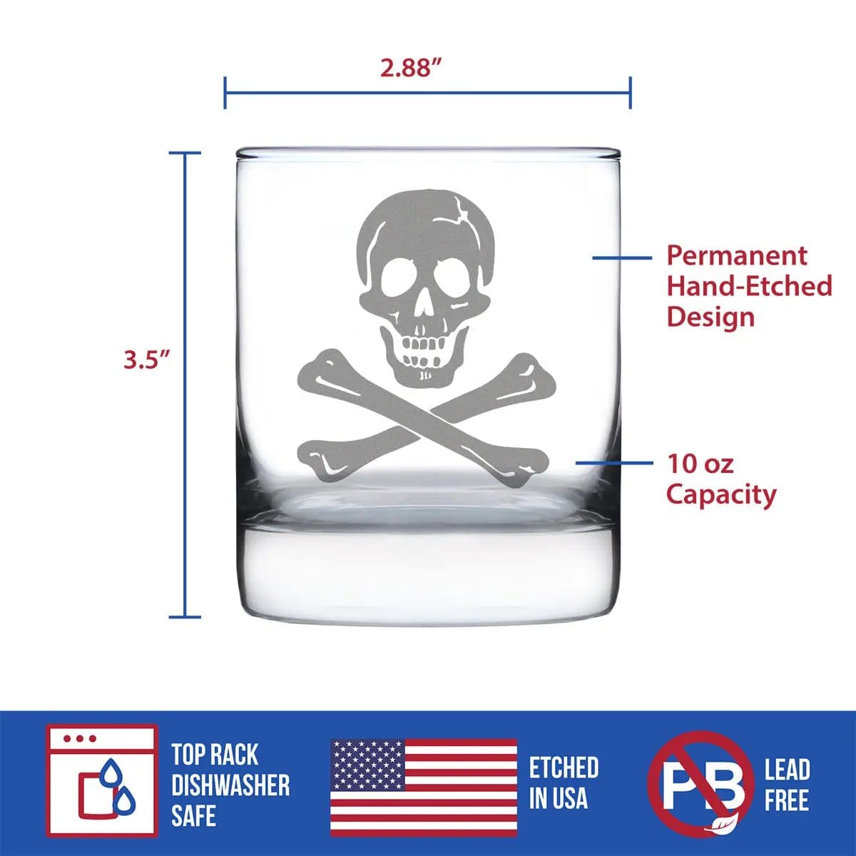 Etched Rocks Glass | 10.25 oz Whiskey Glass | Dishwasher Safe | Skull and Crossbones
