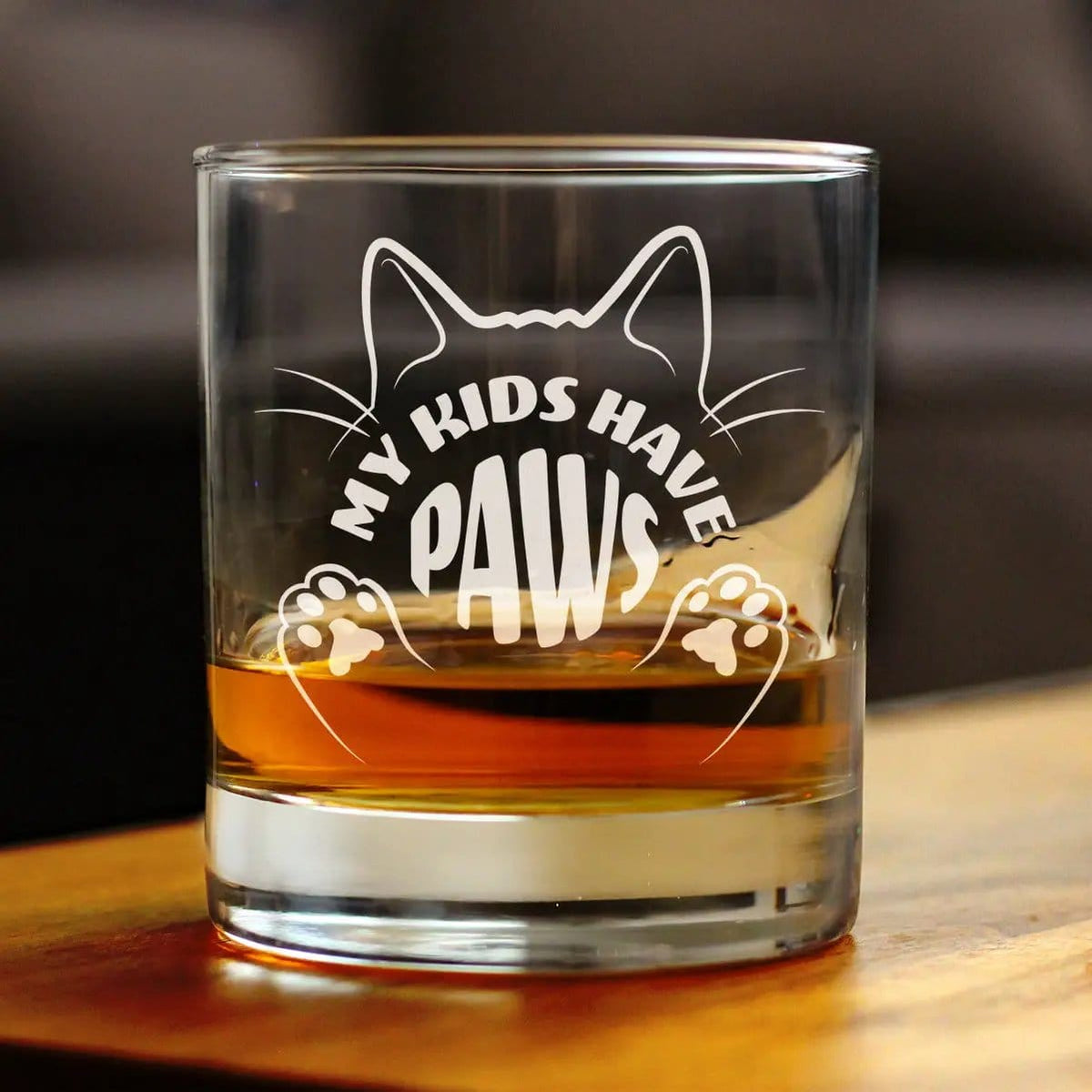 Etched Rocks Glass | 10.25 oz Whiskey Glass | Dishwasher Safe | Kids Have Paws Cat Engraved