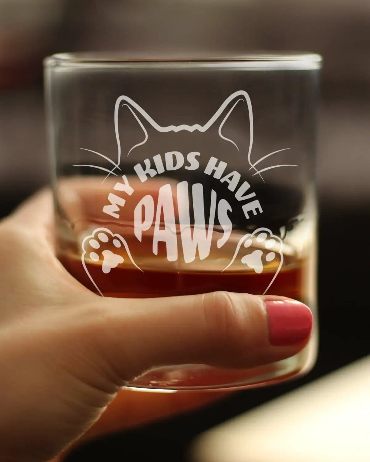 Etched Rocks Glass | 10.25 oz Whiskey Glass | Dishwasher Safe | Kids Have Paws Cat Engraved