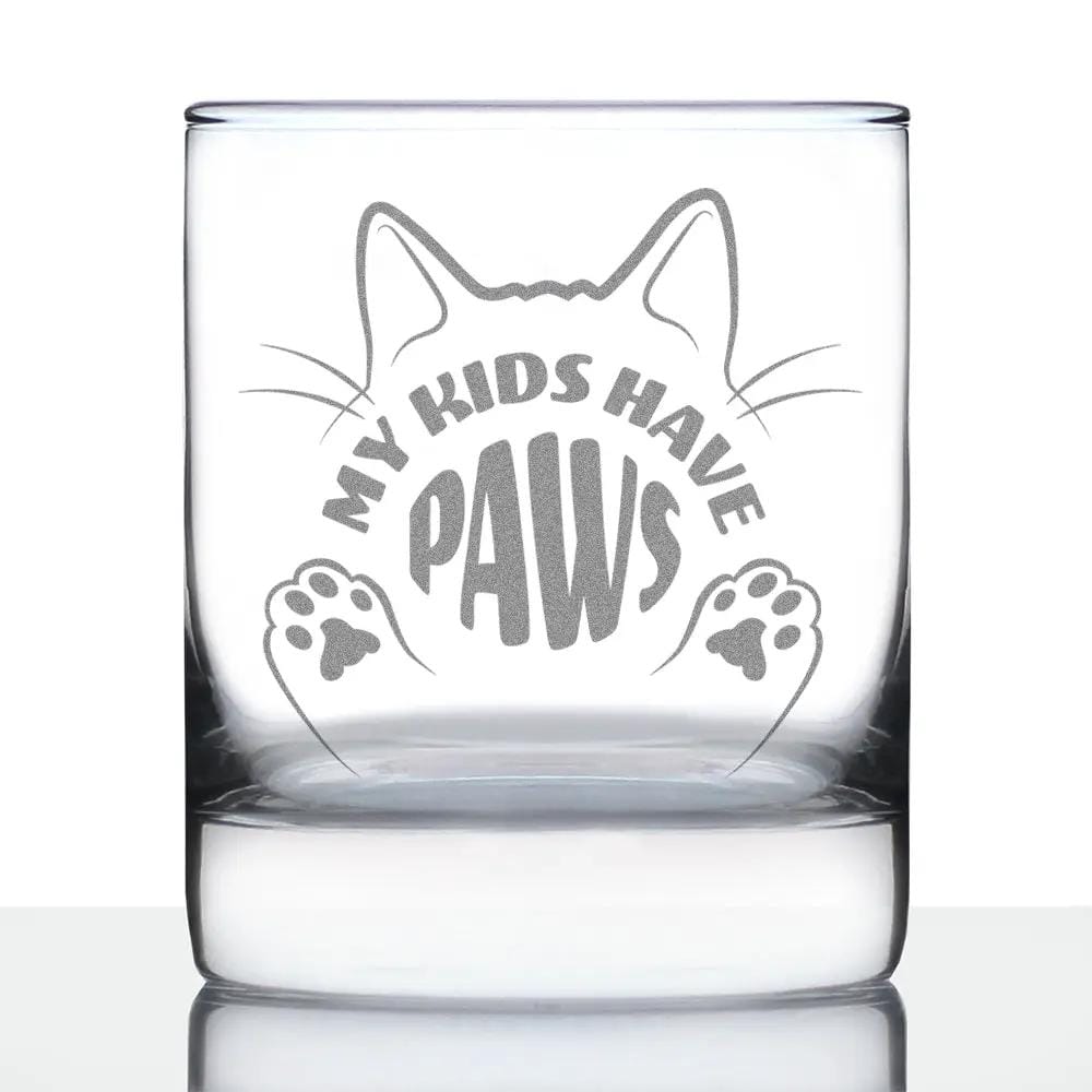 Etched Rocks Glass | 10.25 oz Whiskey Glass | Dishwasher Safe | Kids Have Paws Cat Engraved