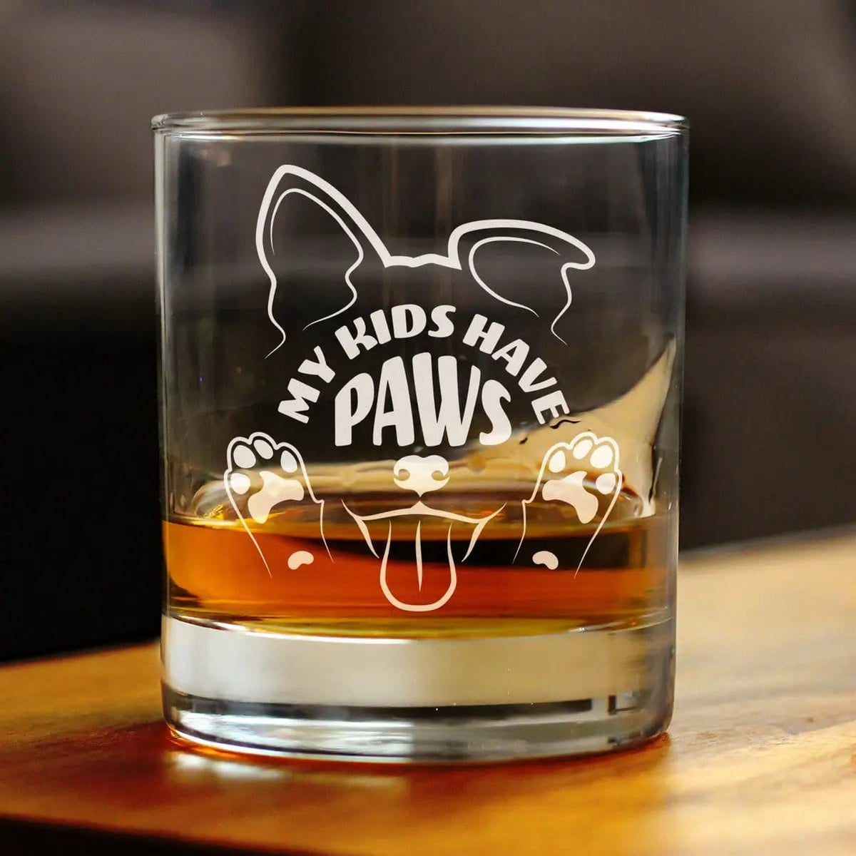Etched Rocks Glass | 10.25 oz Whiskey Glass | Dishwasher Safe | Kids Have Paws Dog Engraved