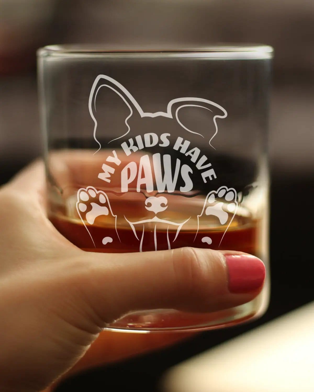 Etched Rocks Glass | 10.25 oz Whiskey Glass | Dishwasher Safe | Kids Have Paws Dog Engraved