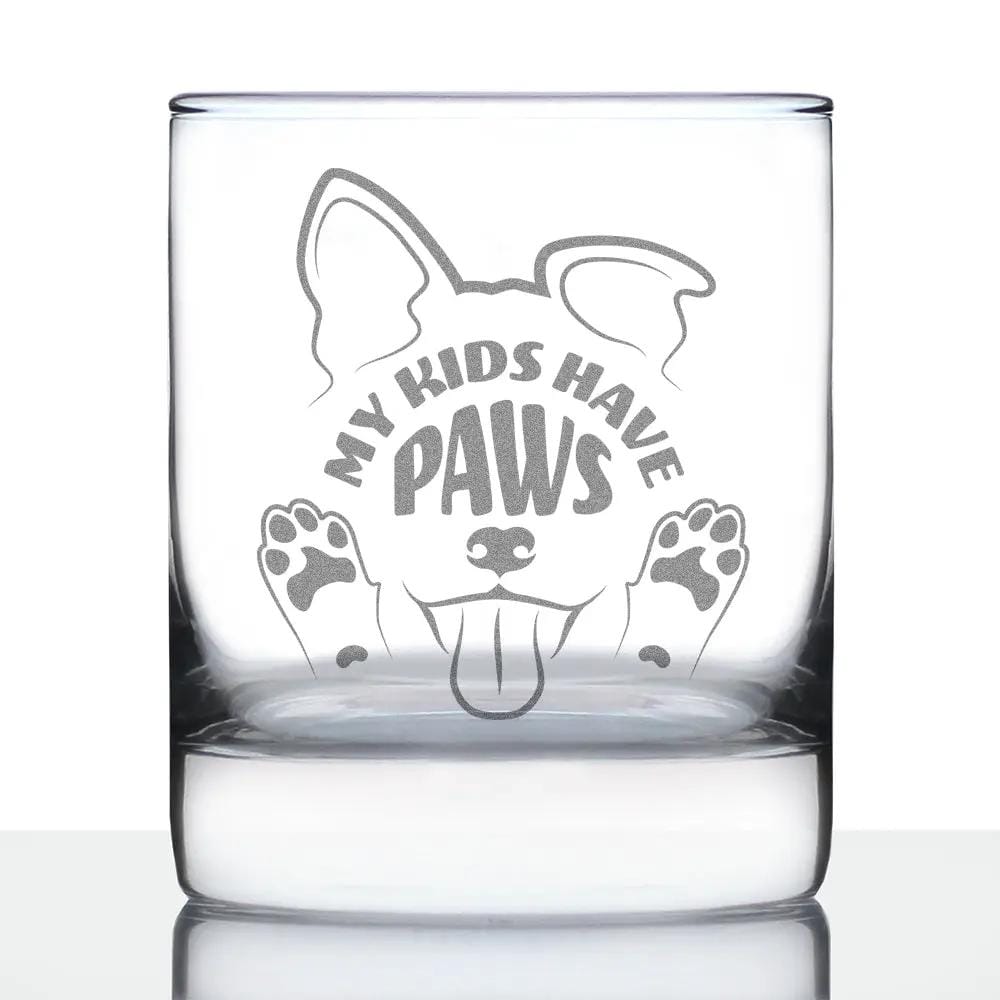 Etched Rocks Glass | 10.25 oz Whiskey Glass | Dishwasher Safe | Kids Have Paws Dog Engraved