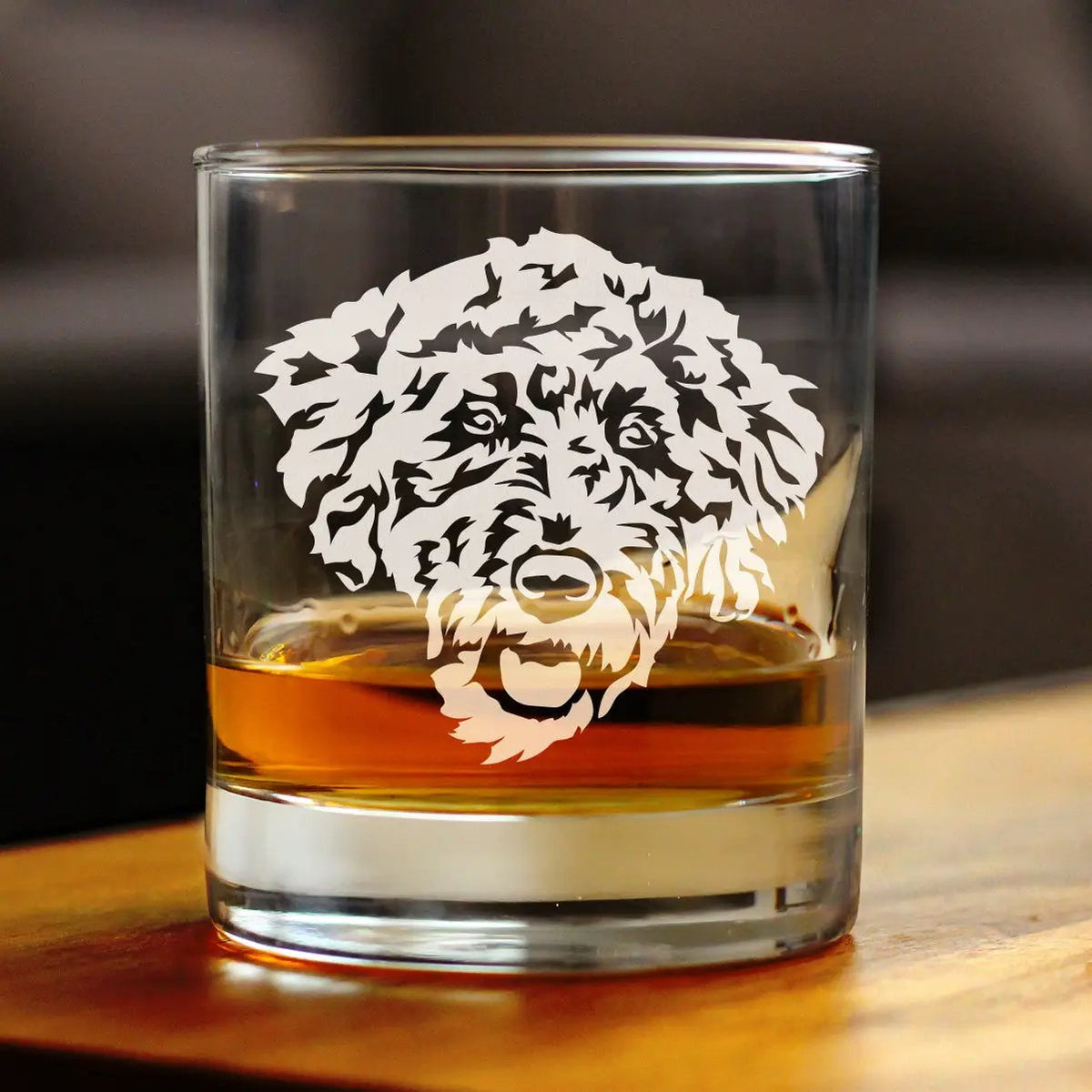 Labradoodle Face Whiskey Rocks Glass | 10 Oz | Hand Etched Design | Dishwasher Safe