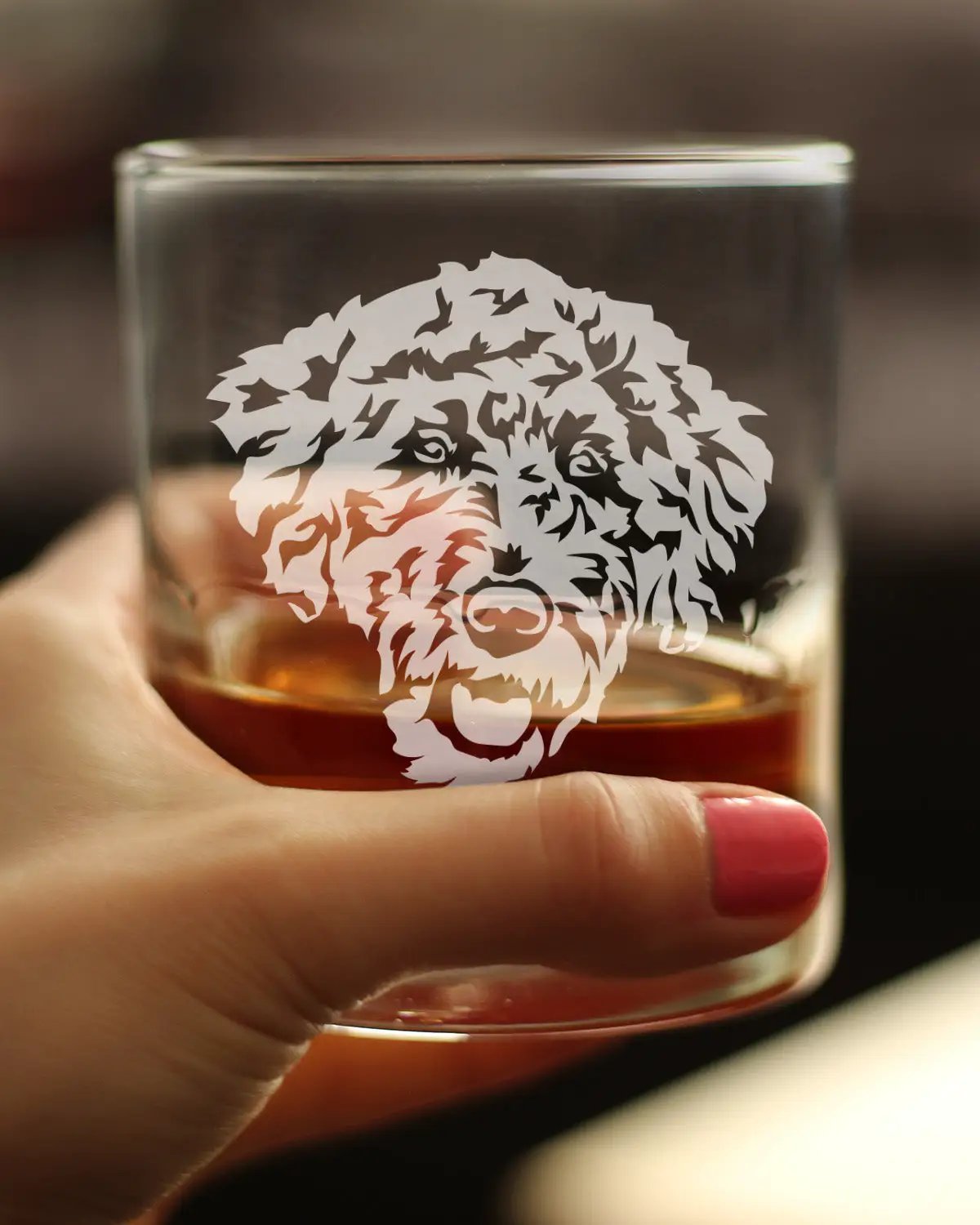Labradoodle Face Whiskey Rocks Glass | 10 Oz | Hand Etched Design | Dishwasher Safe