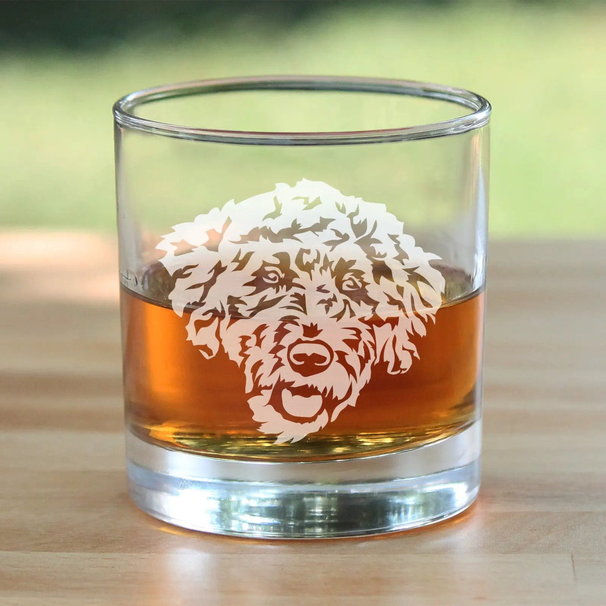 Labradoodle Face Whiskey Rocks Glass | 10 Oz | Hand Etched Design | Dishwasher Safe