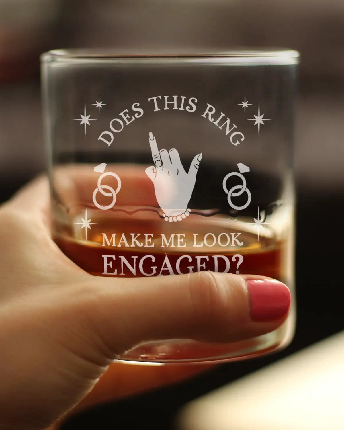 Etched Rocks Glass | 10.25 oz Whiskey Glass | Dishwasher Safe | Does This Ring Make Me Look Engaged Engraved