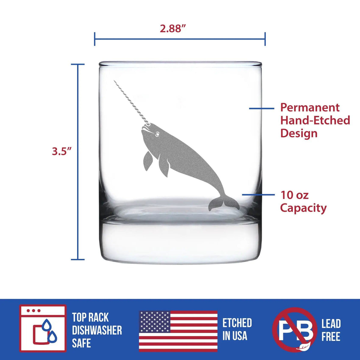Etched Rocks Glass | 10.25 oz Whiskey Glass | Dishwasher Safe | Narwhal Engraved