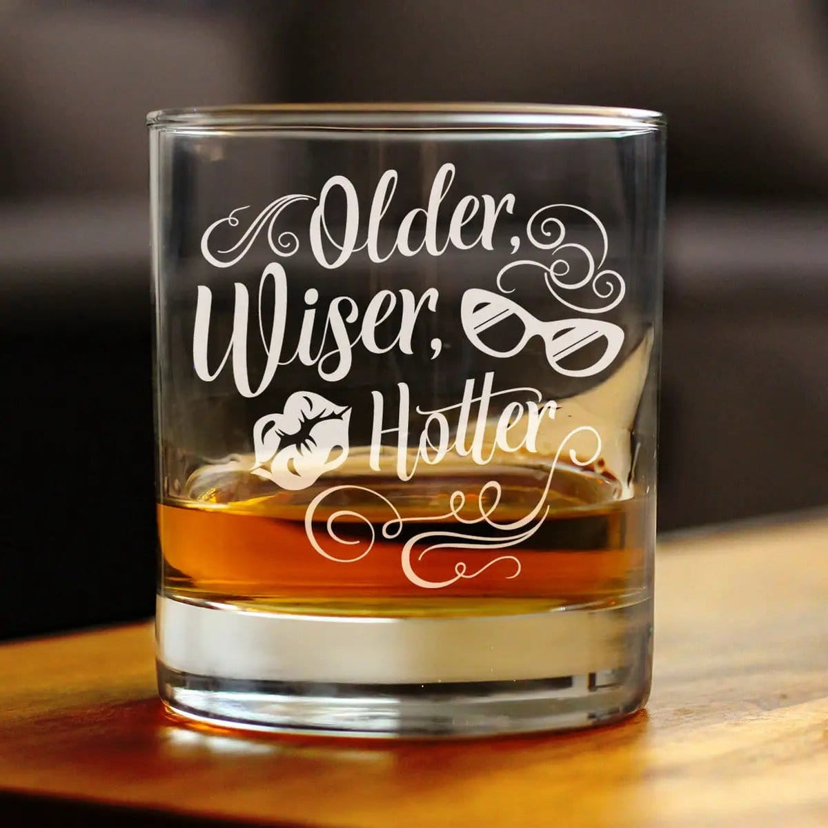 Etched Rocks Glass | 10.25 oz Whiskey Glass | Dishwasher Safe | Older Wiser Hotter Engraved
