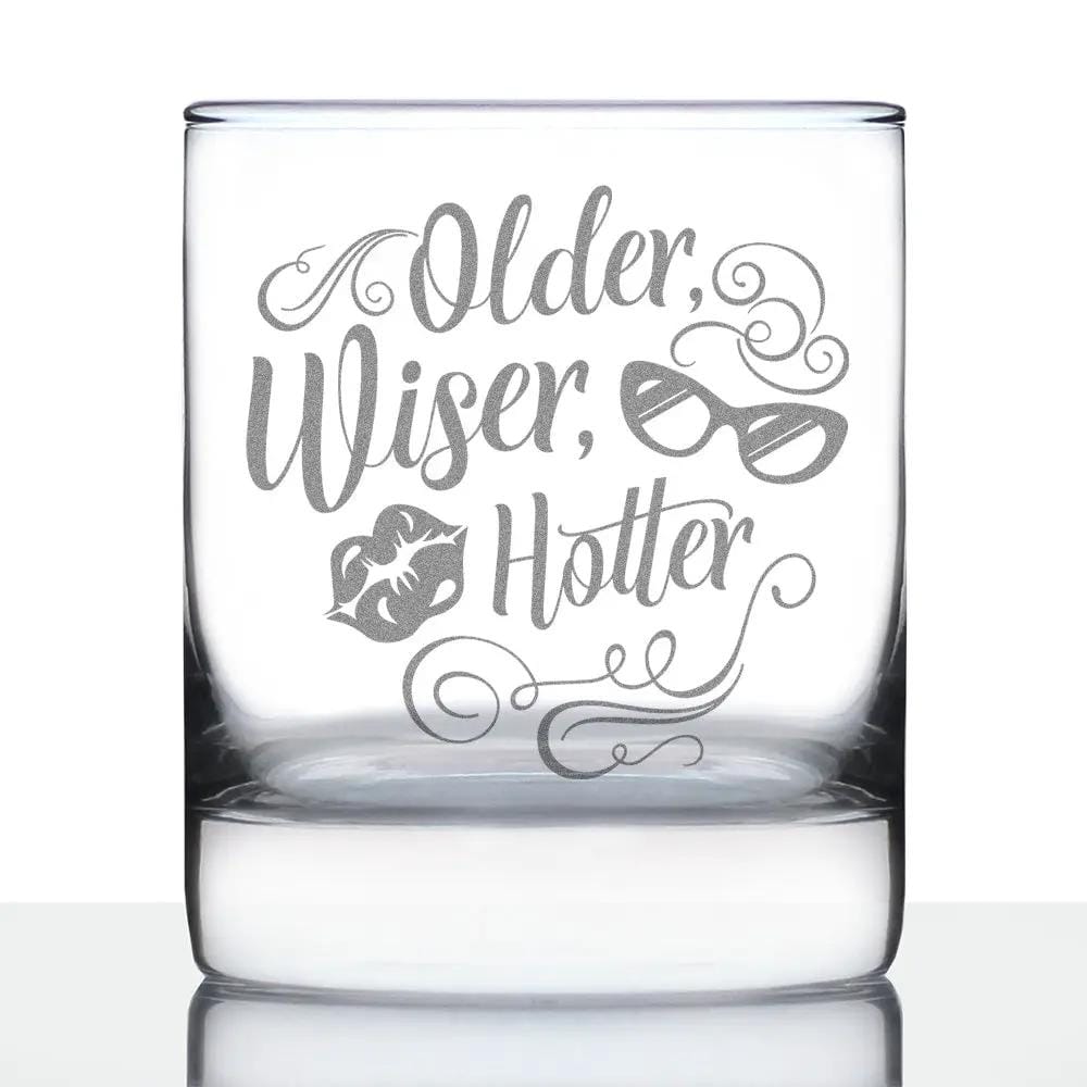 Etched Rocks Glass | 10.25 oz Whiskey Glass | Dishwasher Safe | Older Wiser Hotter Engraved