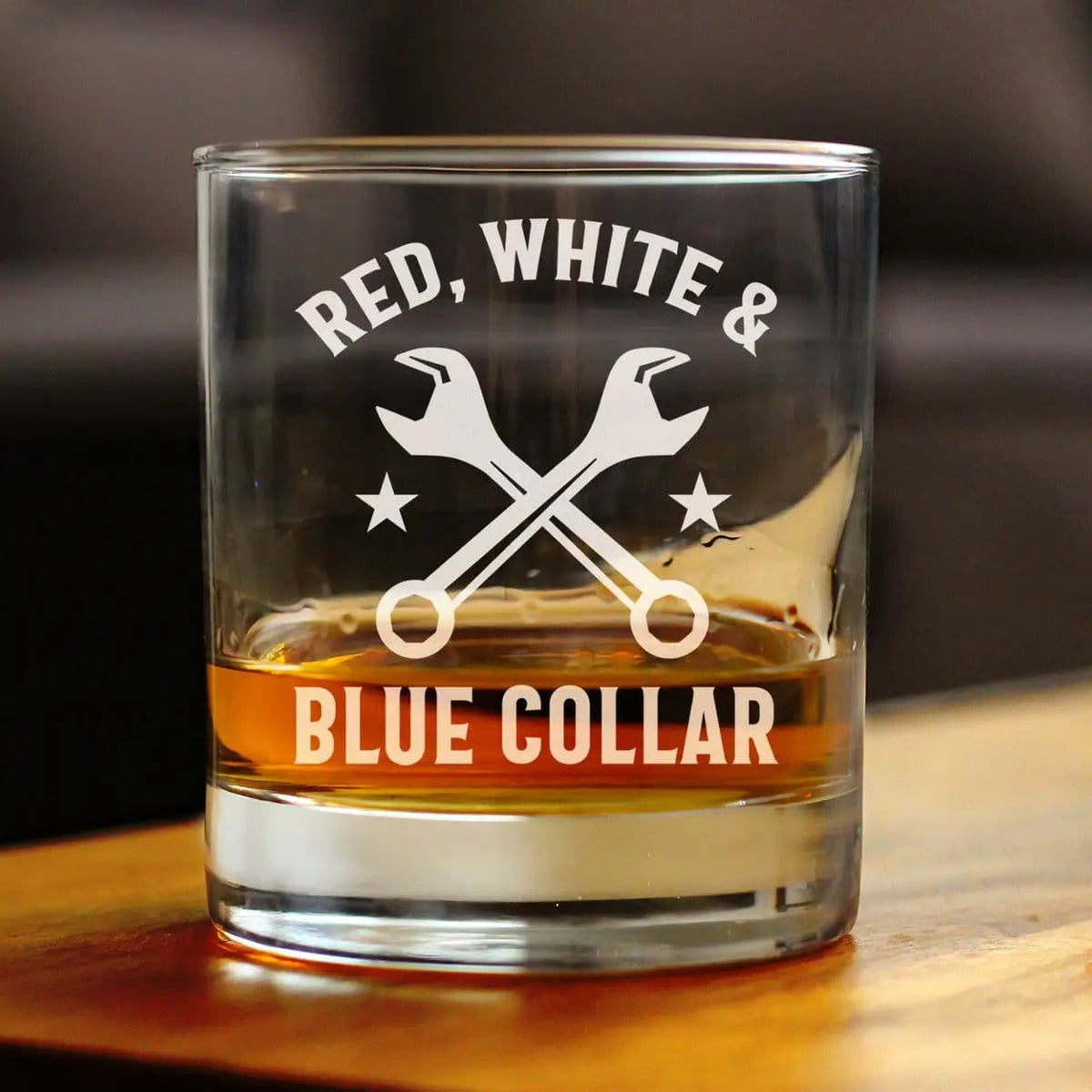 Etched Rocks Glass | 10.25 oz Whiskey Glass | Dishwasher Safe | Red White & Blue Collar Engraved