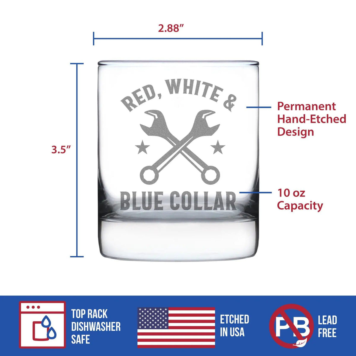 Etched Rocks Glass | 10.25 oz Whiskey Glass | Dishwasher Safe | Red White & Blue Collar Engraved