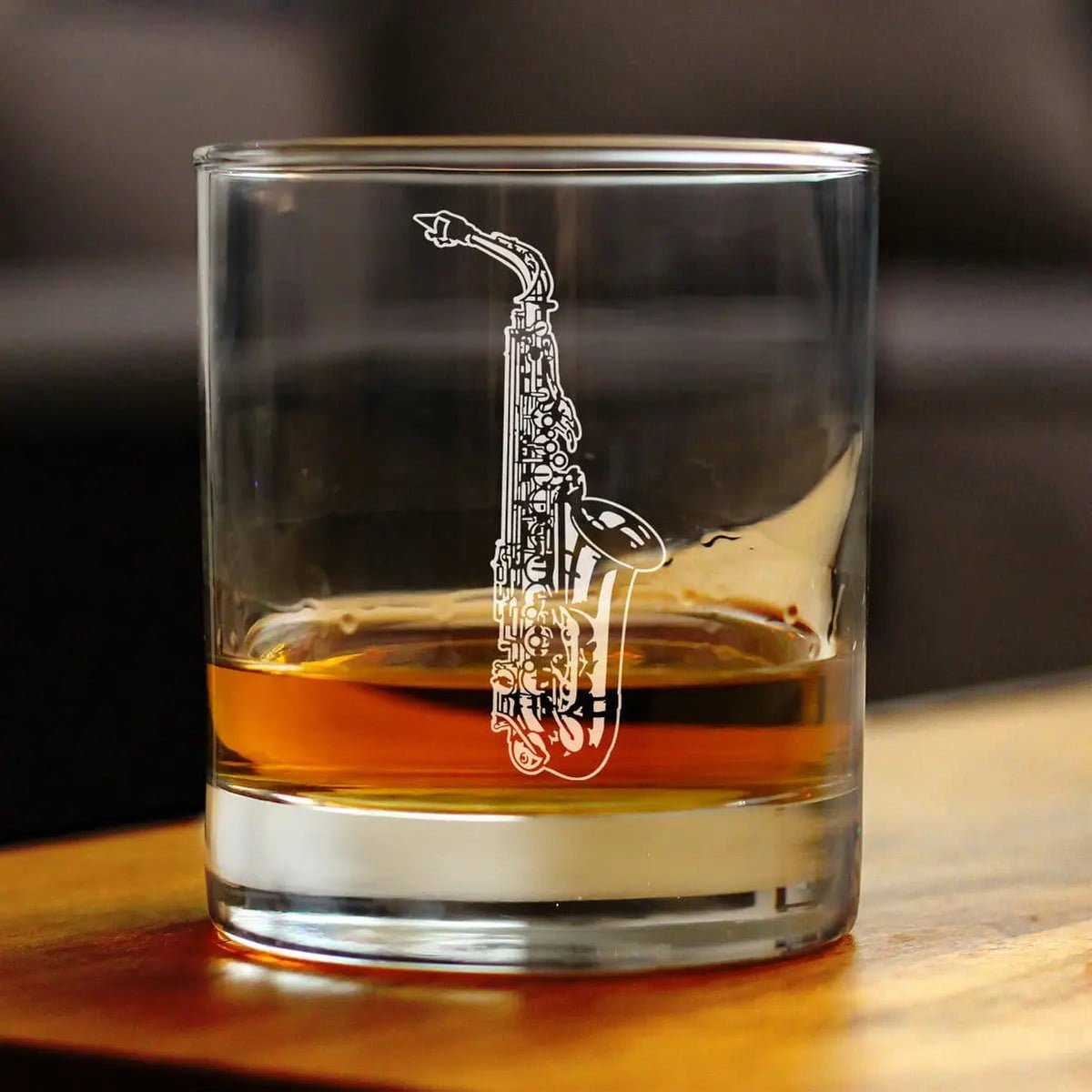 Etched Rocks Glass | 10.25 oz Whiskey Glass | Dishwasher Safe | Saxophone Engraved