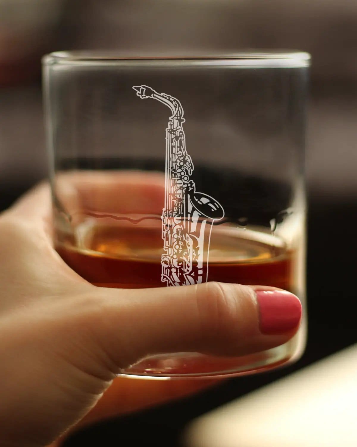 Etched Rocks Glass | 10.25 oz Whiskey Glass | Dishwasher Safe | Saxophone Engraved