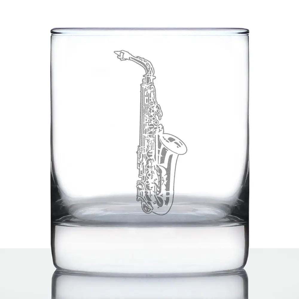 Etched Rocks Glass | 10.25 oz Whiskey Glass | Dishwasher Safe | Saxophone Engraved