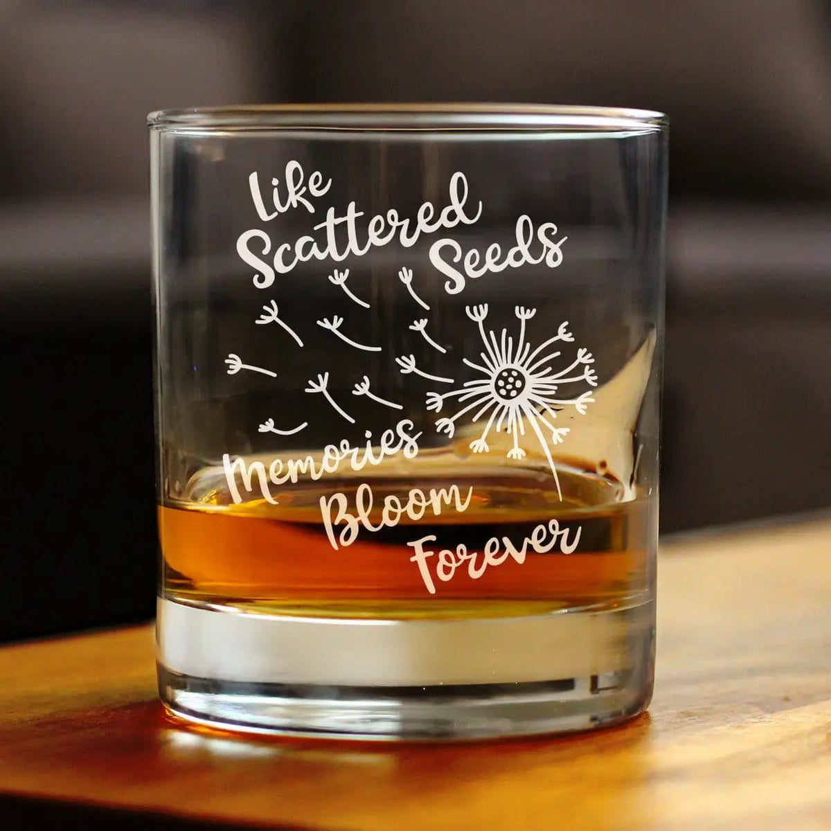 Etched Rocks Glass | 10.25 oz Whiskey Glass | Dishwasher Safe | Memories Bloom Forever - Dandelion