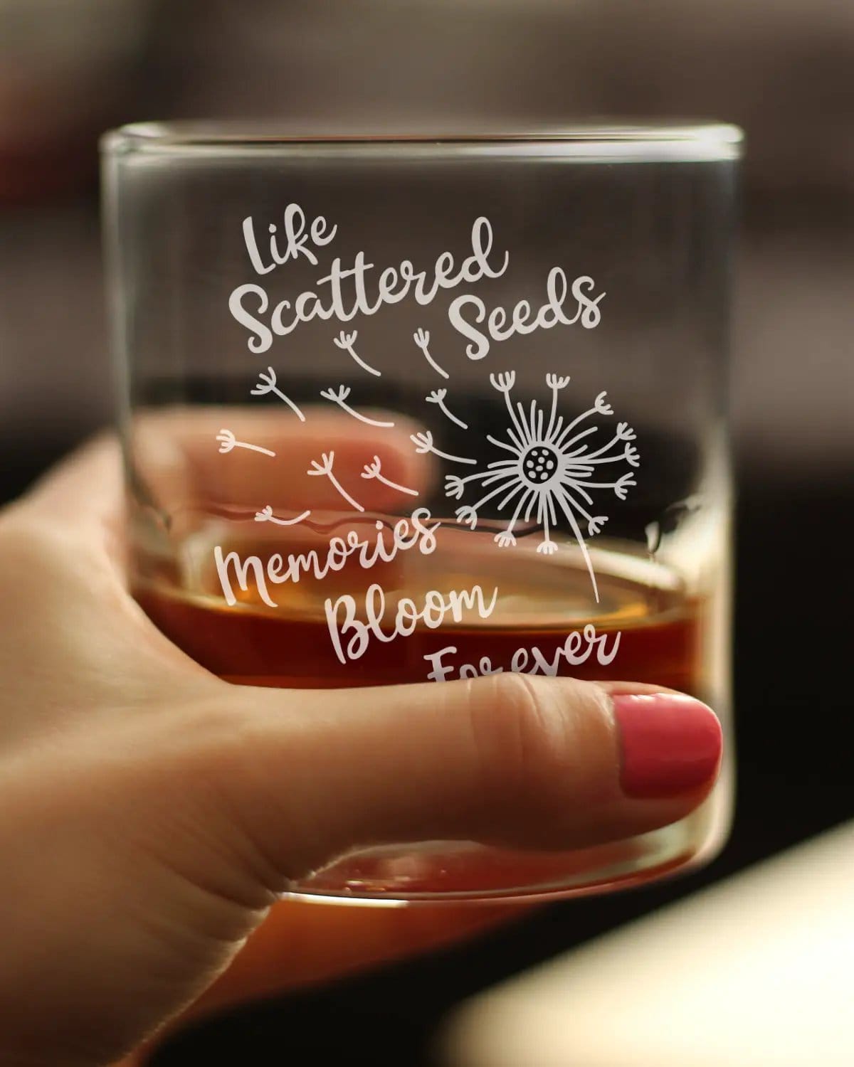 Etched Rocks Glass | 10.25 oz Whiskey Glass | Dishwasher Safe | Memories Bloom Forever - Dandelion