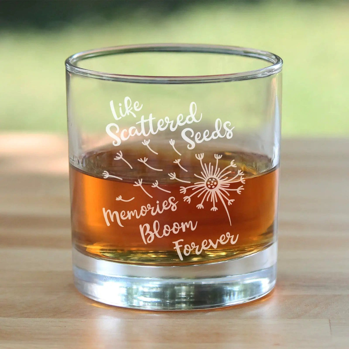 Etched Rocks Glass | 10.25 oz Whiskey Glass | Dishwasher Safe | Memories Bloom Forever - Dandelion