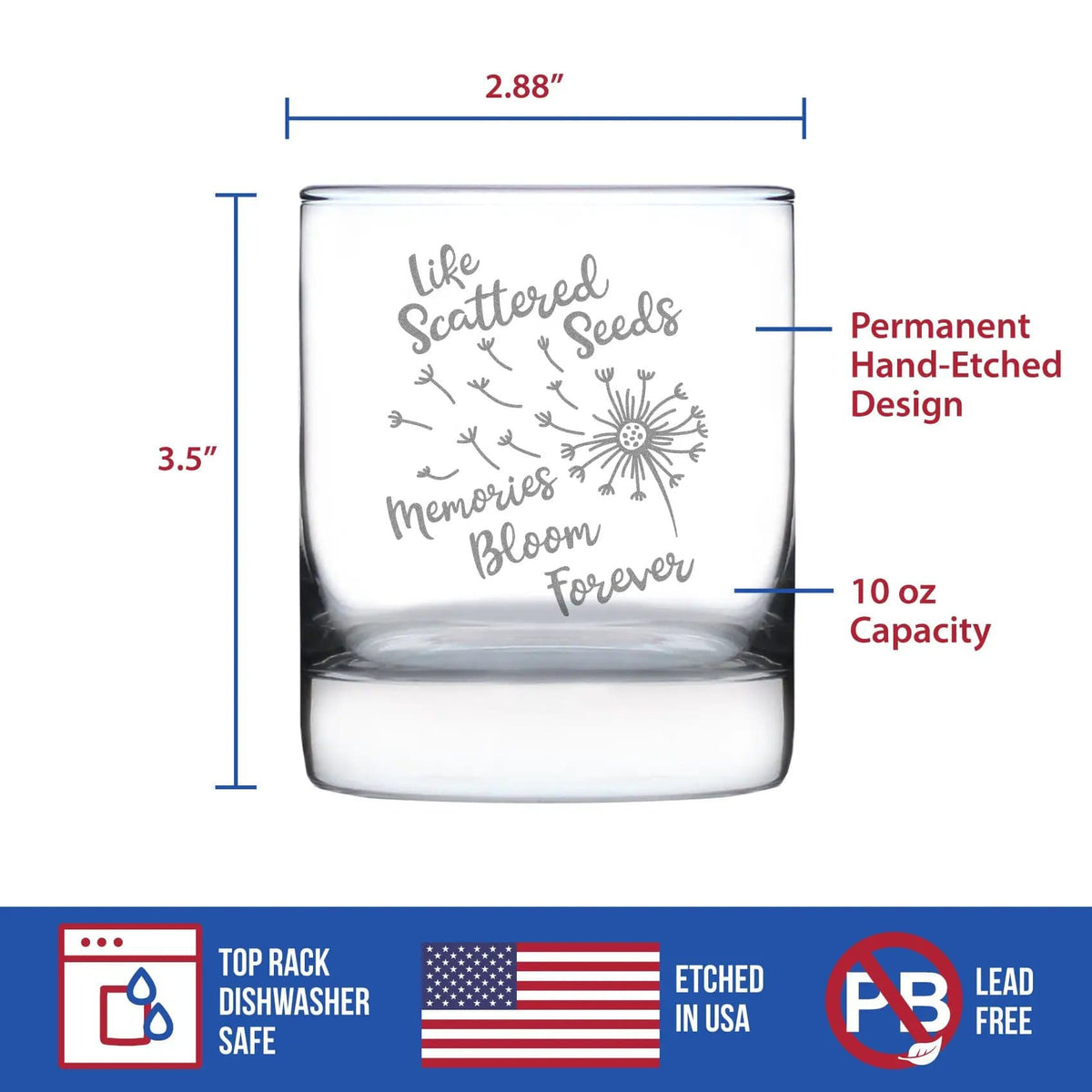 Etched Rocks Glass | 10.25 oz Whiskey Glass | Dishwasher Safe | Memories Bloom Forever - Dandelion