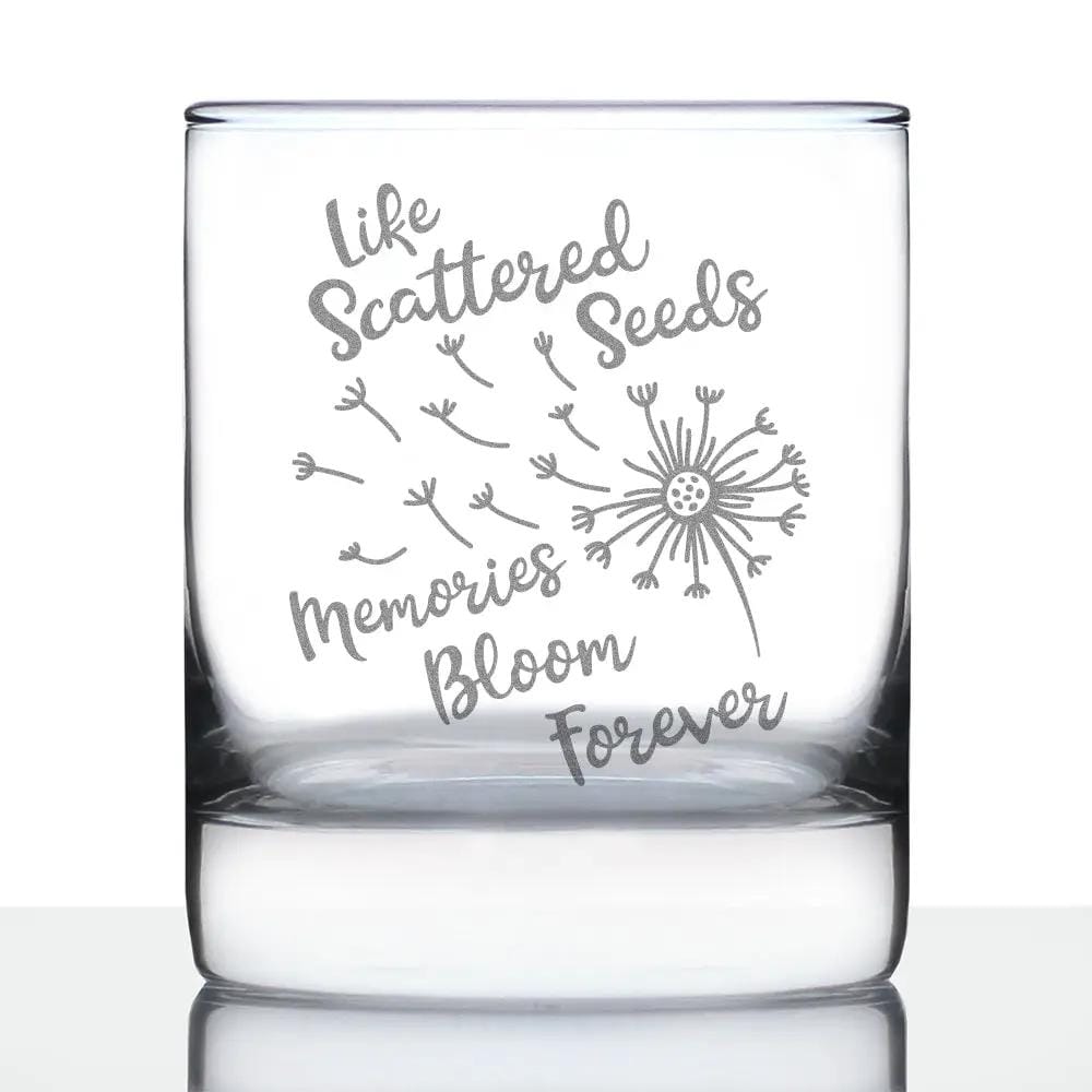 Etched Rocks Glass | 10.25 oz Whiskey Glass | Dishwasher Safe | Memories Bloom Forever - Dandelion