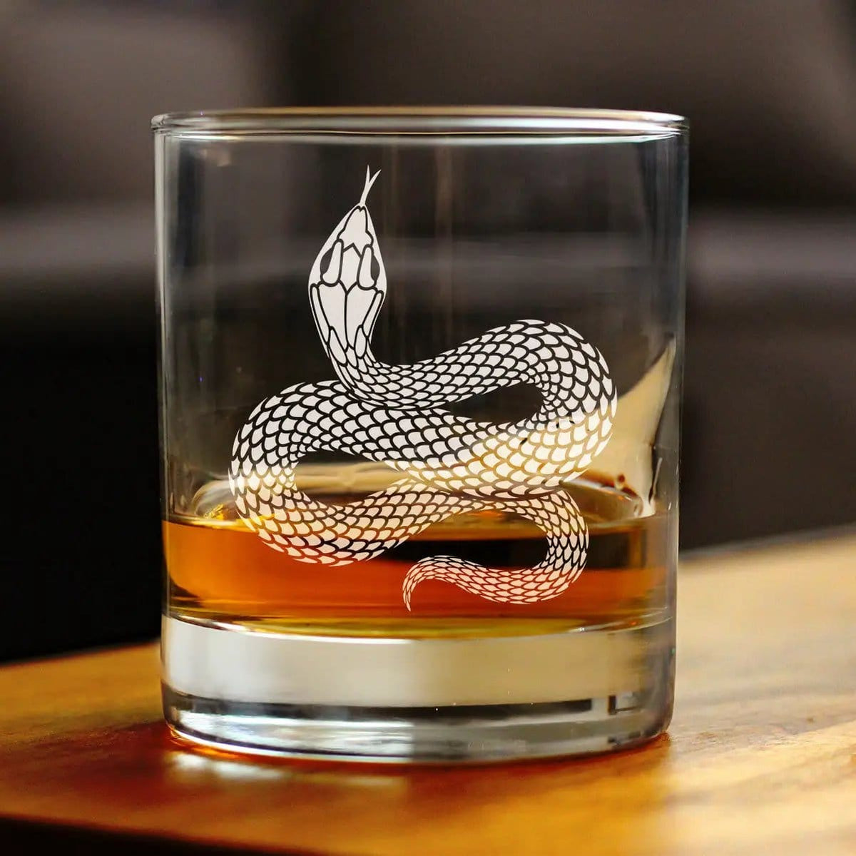 Etched Rocks Glass | 10.25 oz Whiskey Glass | Dishwasher Safe | Snake Engraved