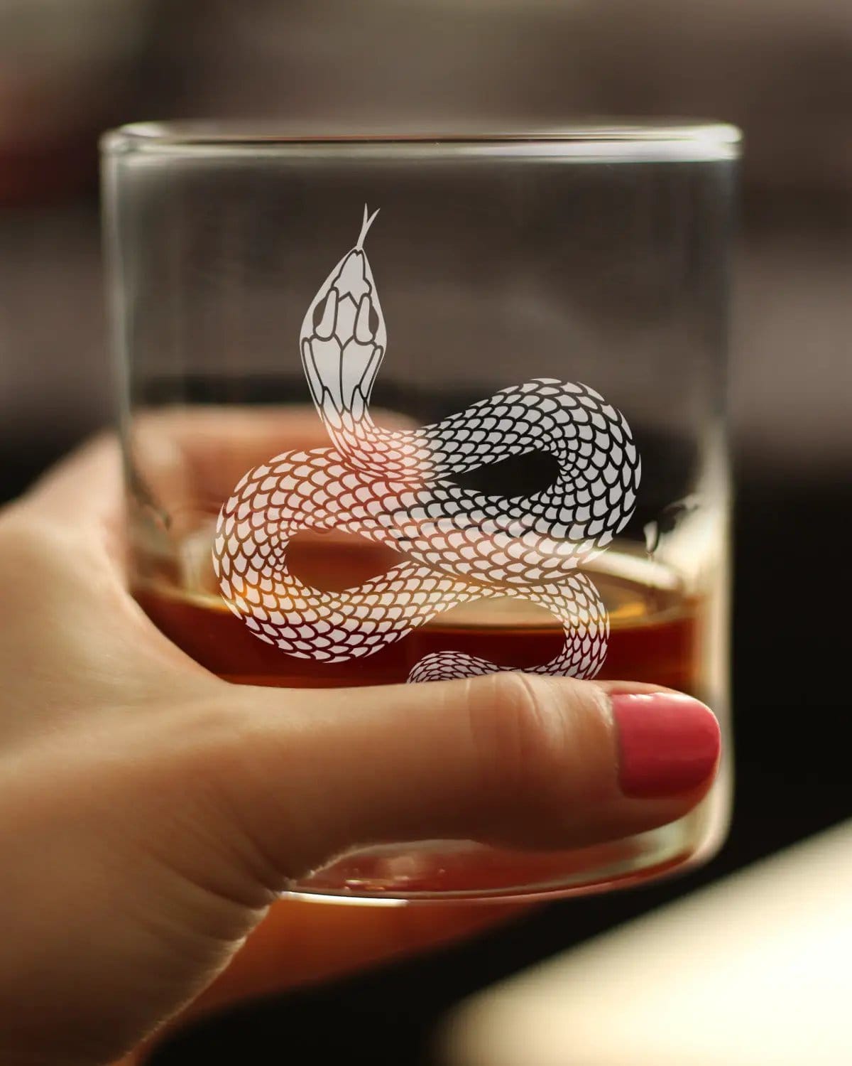 Etched Rocks Glass | 10.25 oz Whiskey Glass | Dishwasher Safe | Snake Engraved