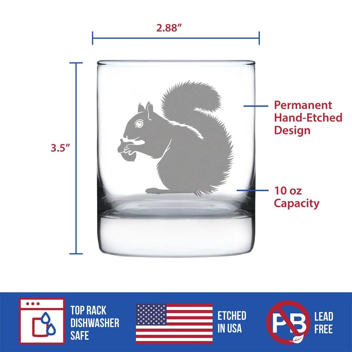 Etched Rocks Glass | 10.25 oz Whiskey Glass | Dishwasher Safe | Squirrel