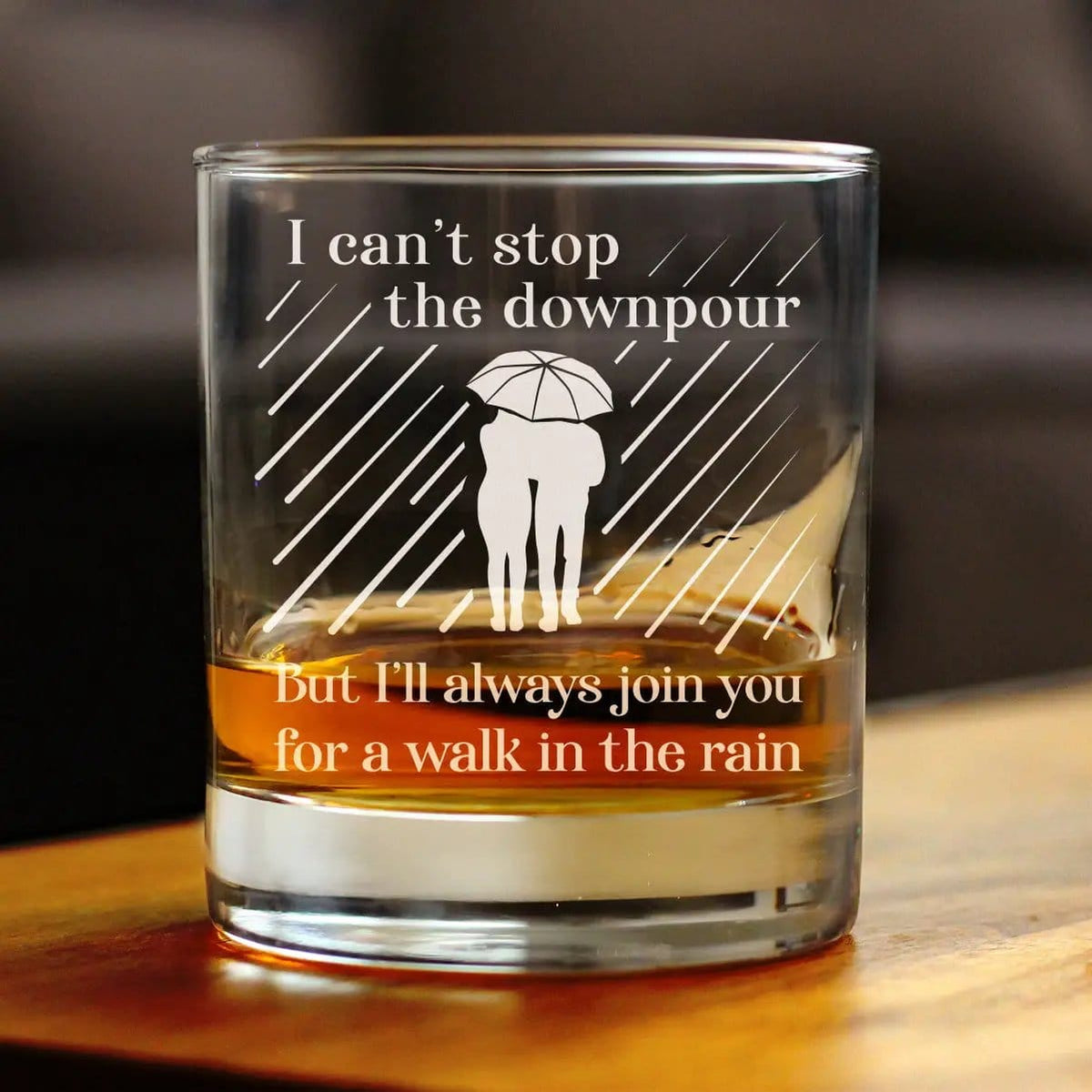 Etched Rocks Glass | 10.25 oz Whiskey Glass | Dishwasher Safe | Walk in the Rain
