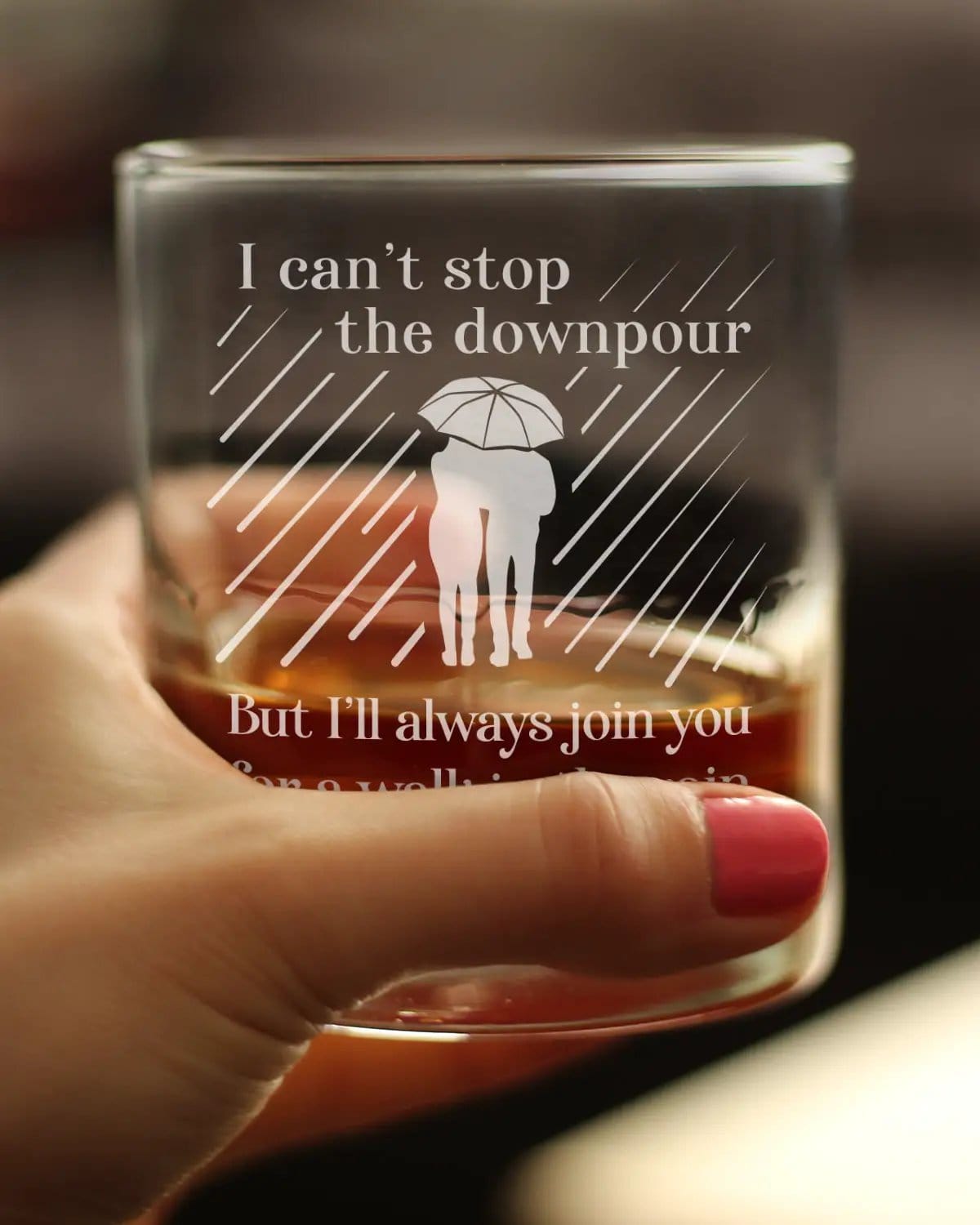 Etched Rocks Glass | 10.25 oz Whiskey Glass | Dishwasher Safe | Walk in the Rain