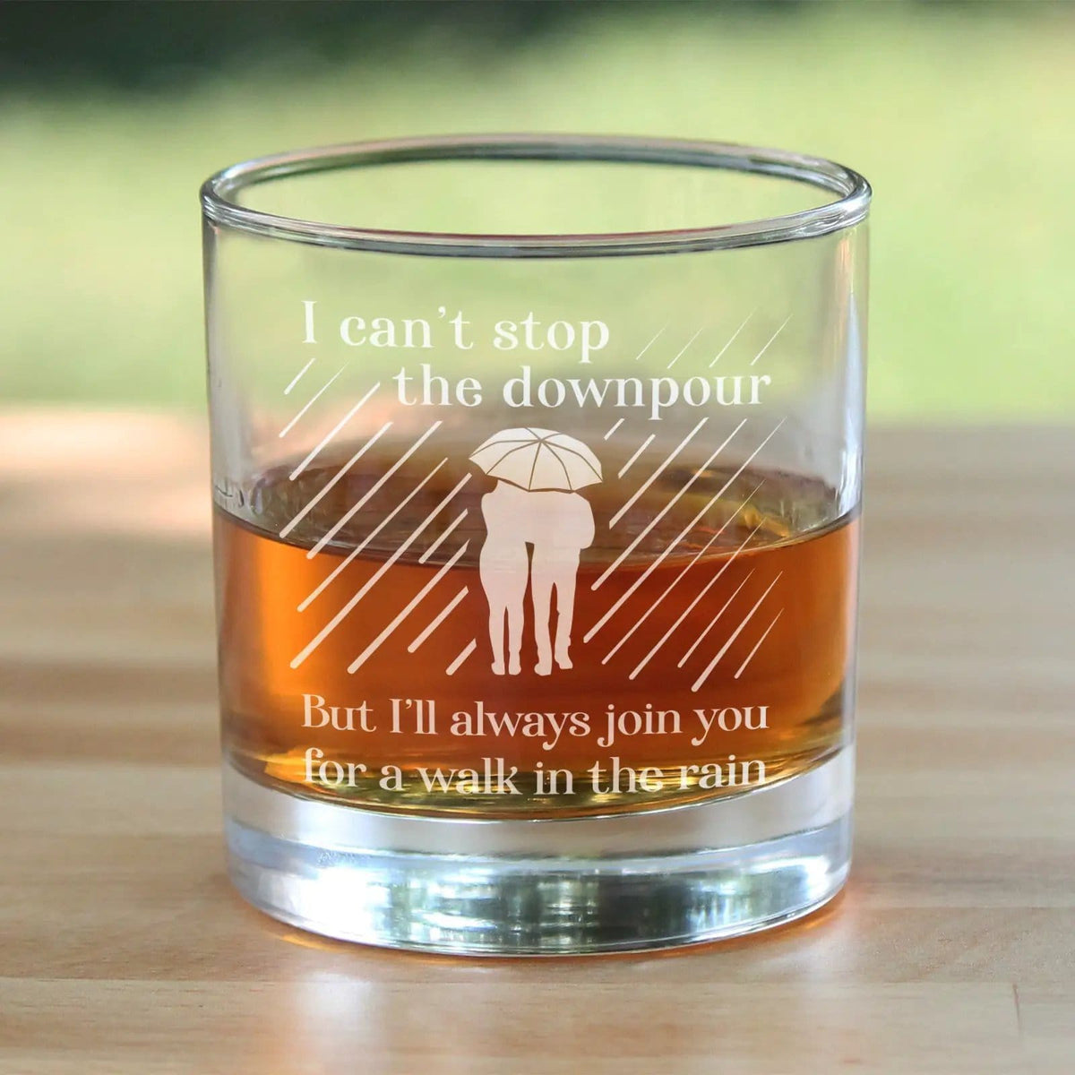 Etched Rocks Glass | 10.25 oz Whiskey Glass | Dishwasher Safe | Walk in the Rain