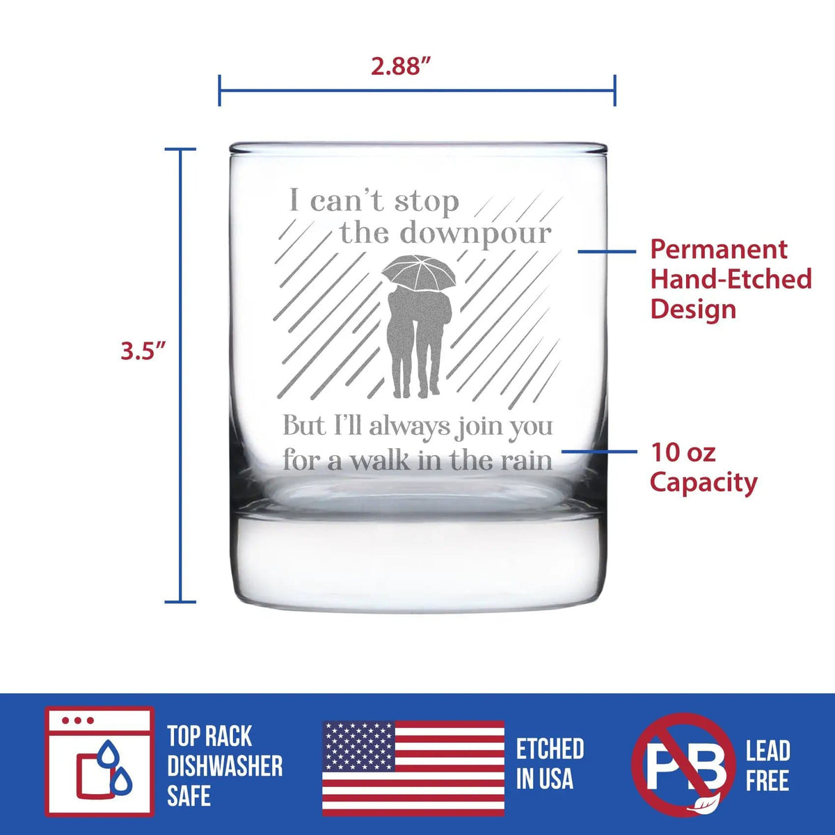 Etched Rocks Glass | 10.25 oz Whiskey Glass | Dishwasher Safe | Walk in the Rain