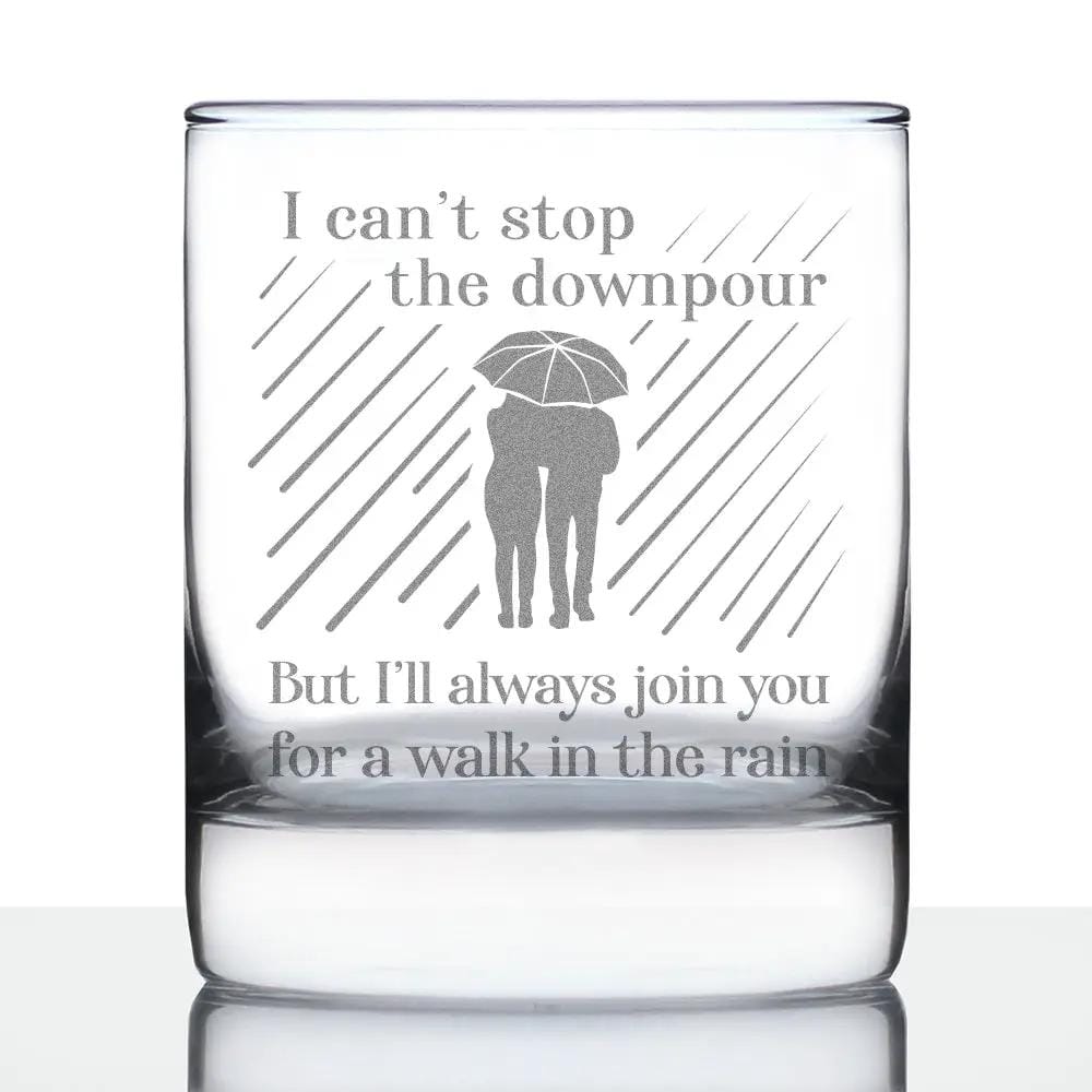 Etched Rocks Glass | 10.25 oz Whiskey Glass | Dishwasher Safe | Walk in the Rain